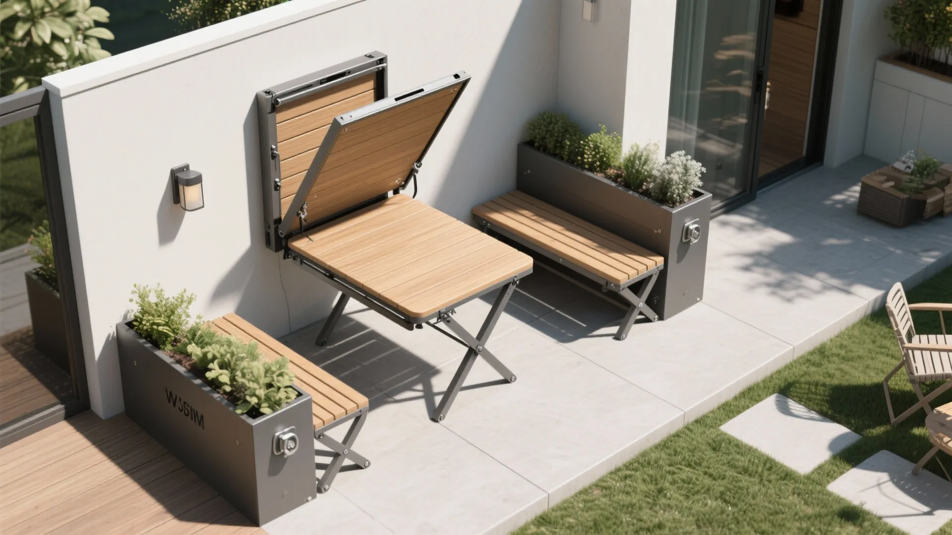 Small patio area showing foldaway wooden table and bench set attached to a white wall