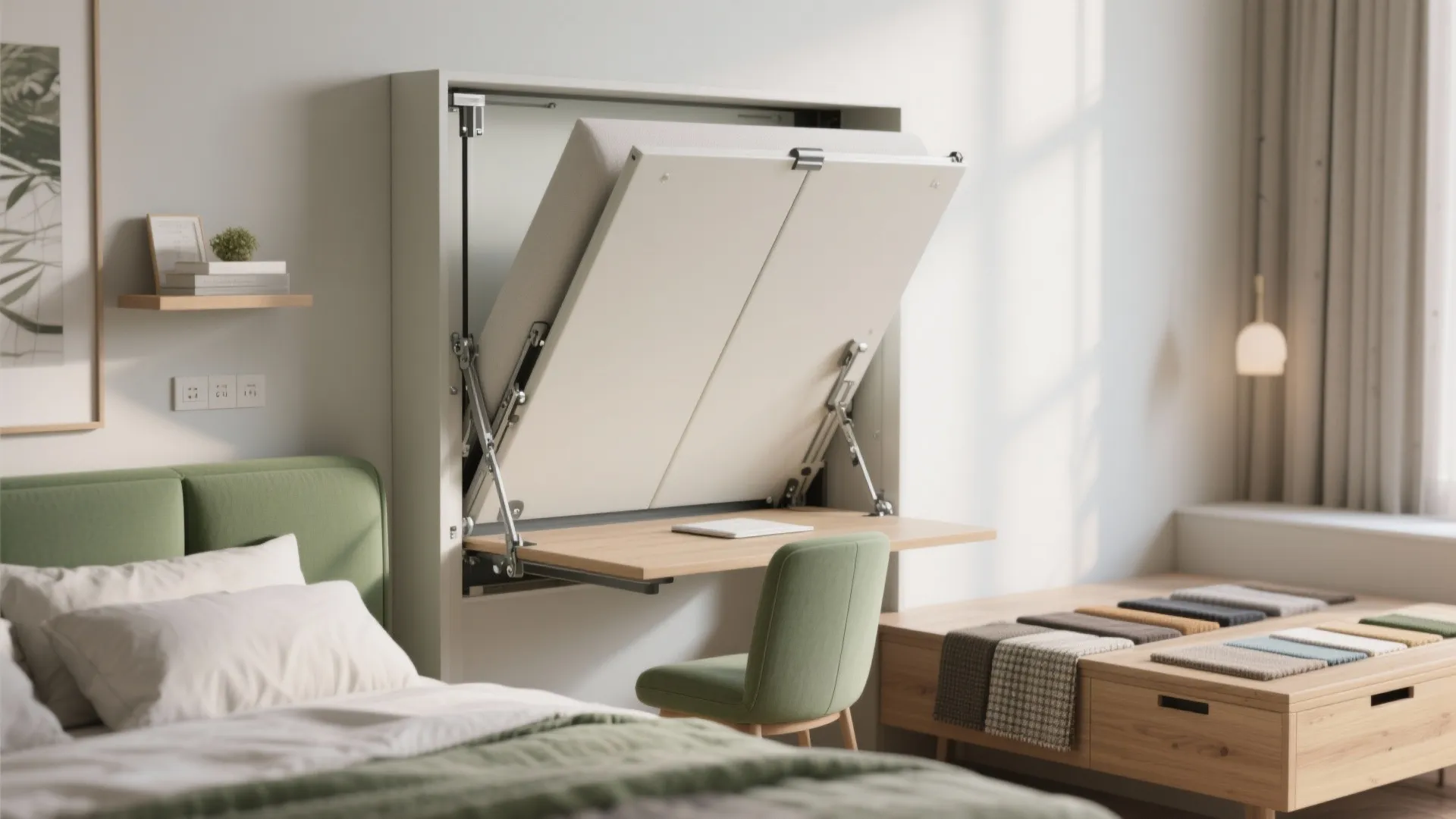 Wall-mounted Murphy bed folded up to reveal a workspace, with material swatches laid out.