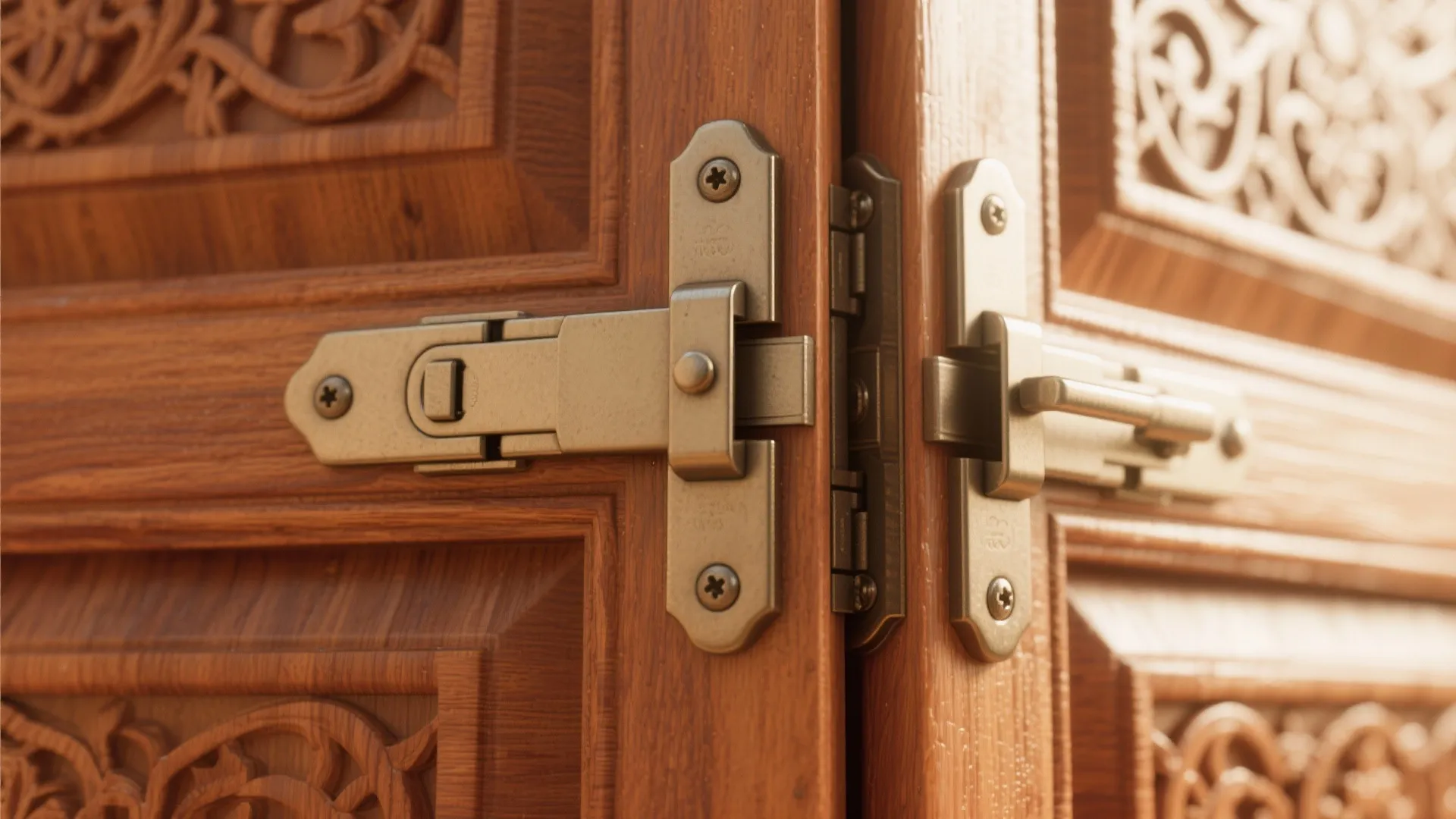 Close-up of concealed heavy-duty hinge and soft-close mechanism on mandir door.