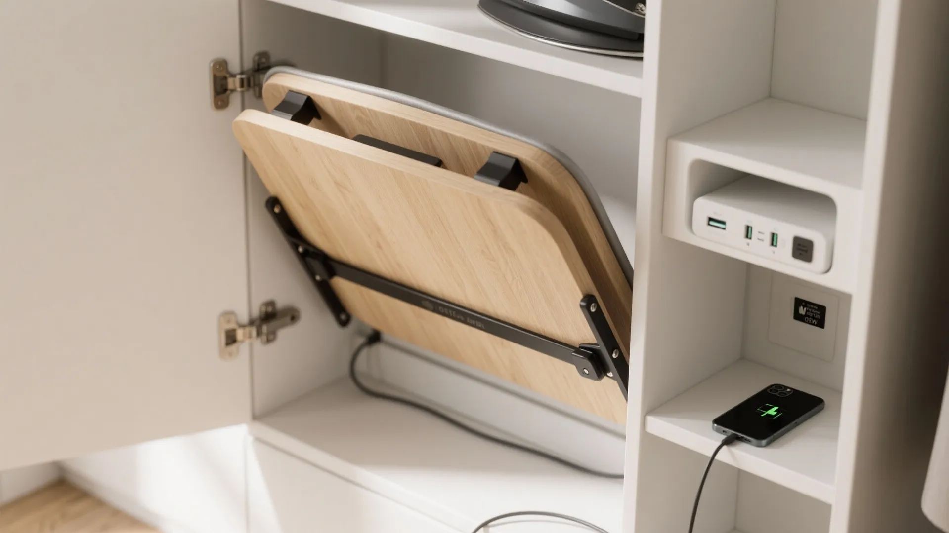 5. Multi-use cabinets: fold-away ironing board and charging station