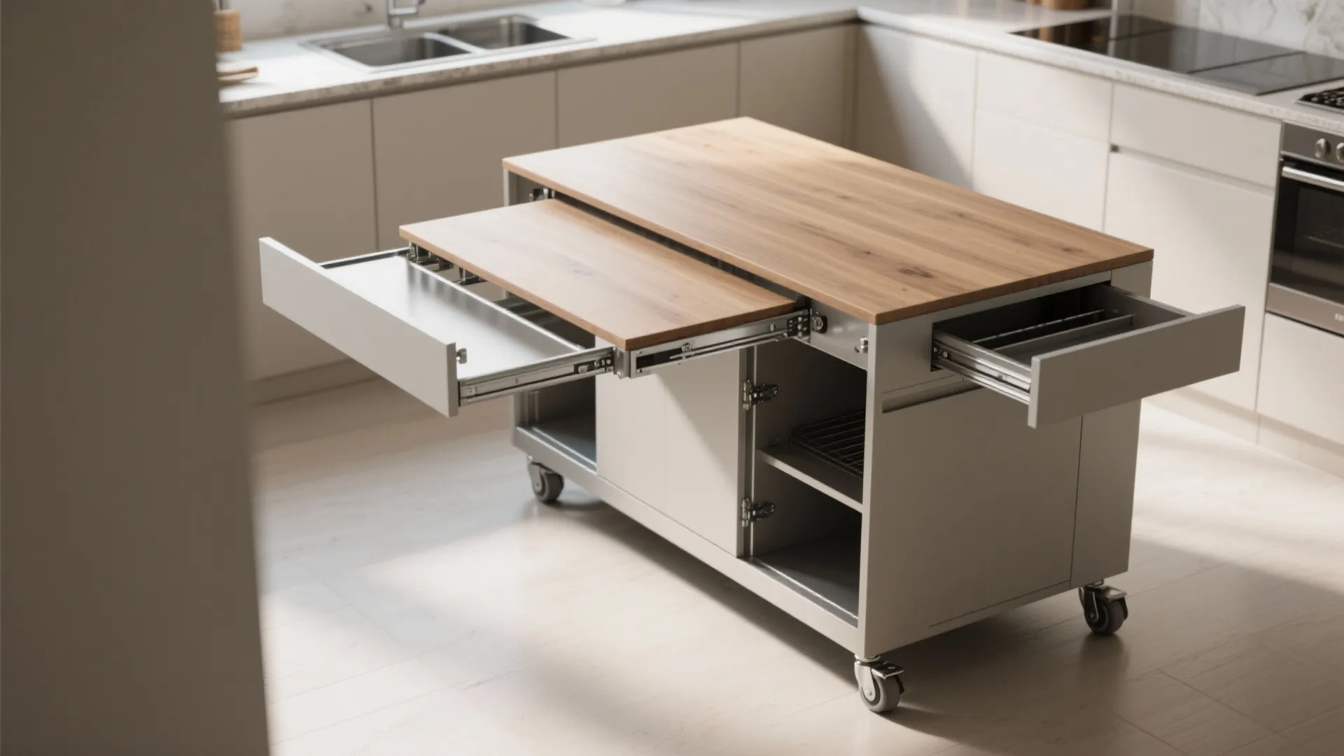 Functional kitchen island on wheels with wooden top, open drawers, and extra pull out surface