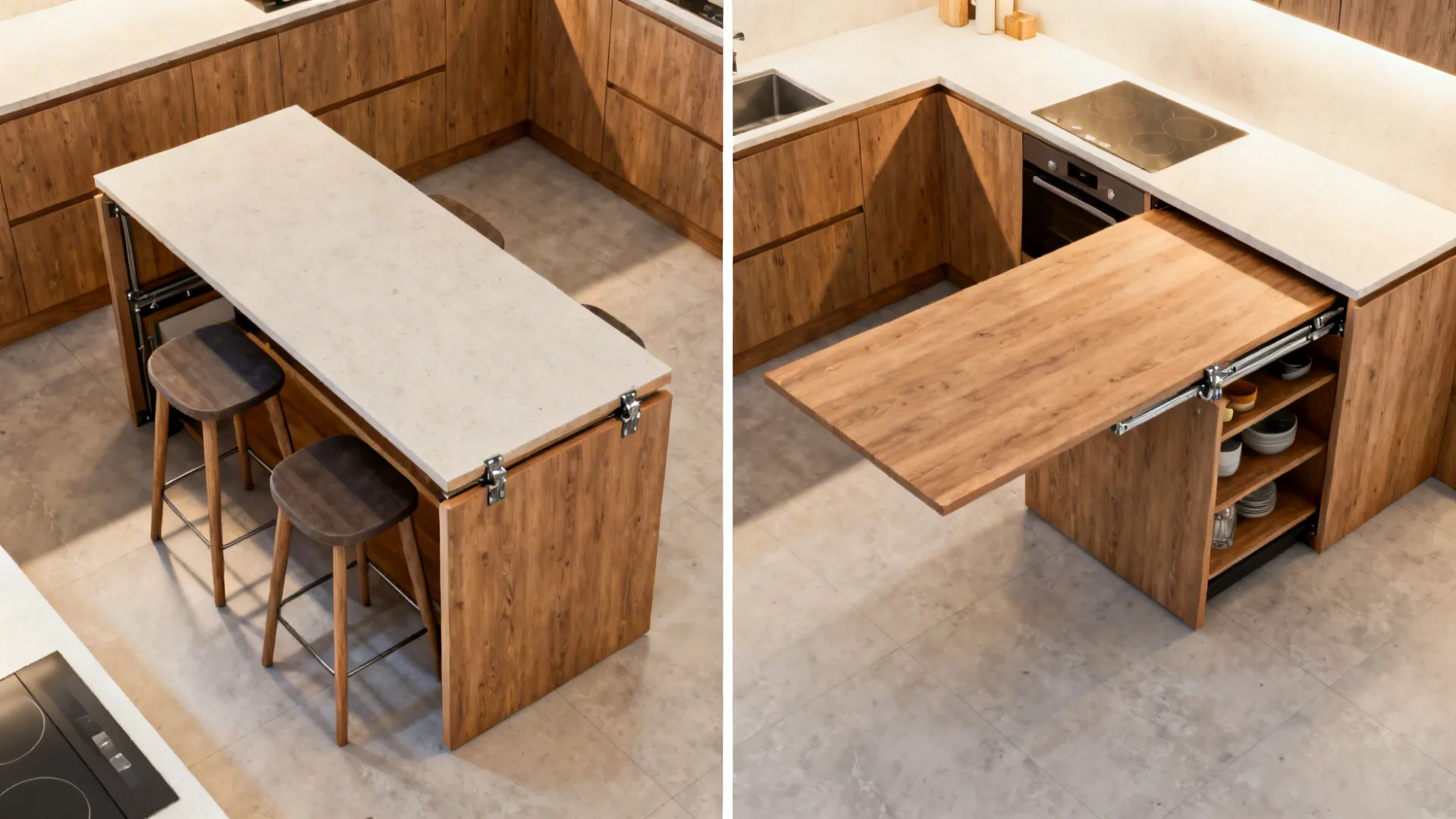 Narrow multifunction island with a fold-down dining leaf, shown folded and extended to illustrate function.