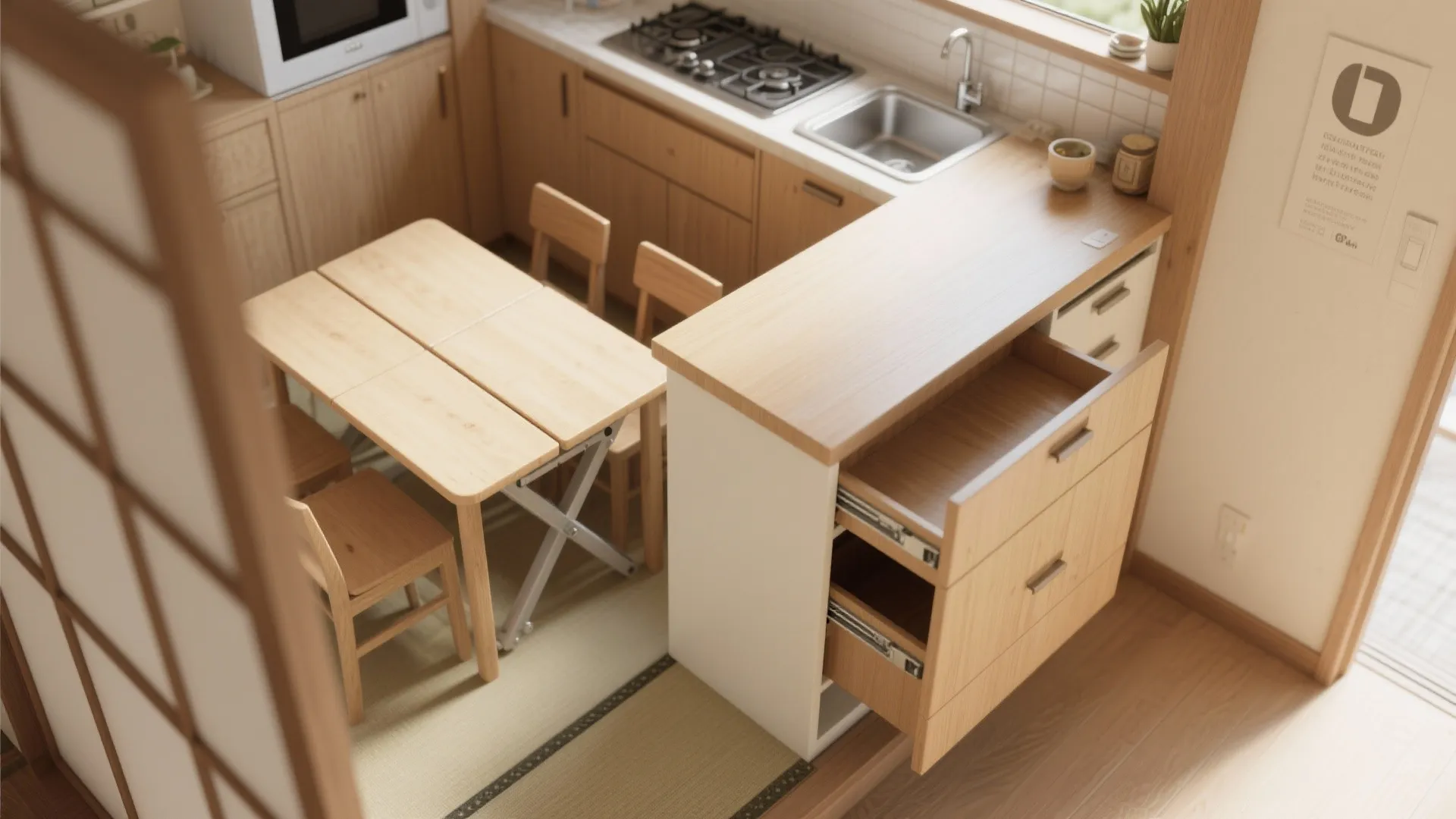 Modern small kitchen with light wood folding table wooden chairs white cabinet and open drawers