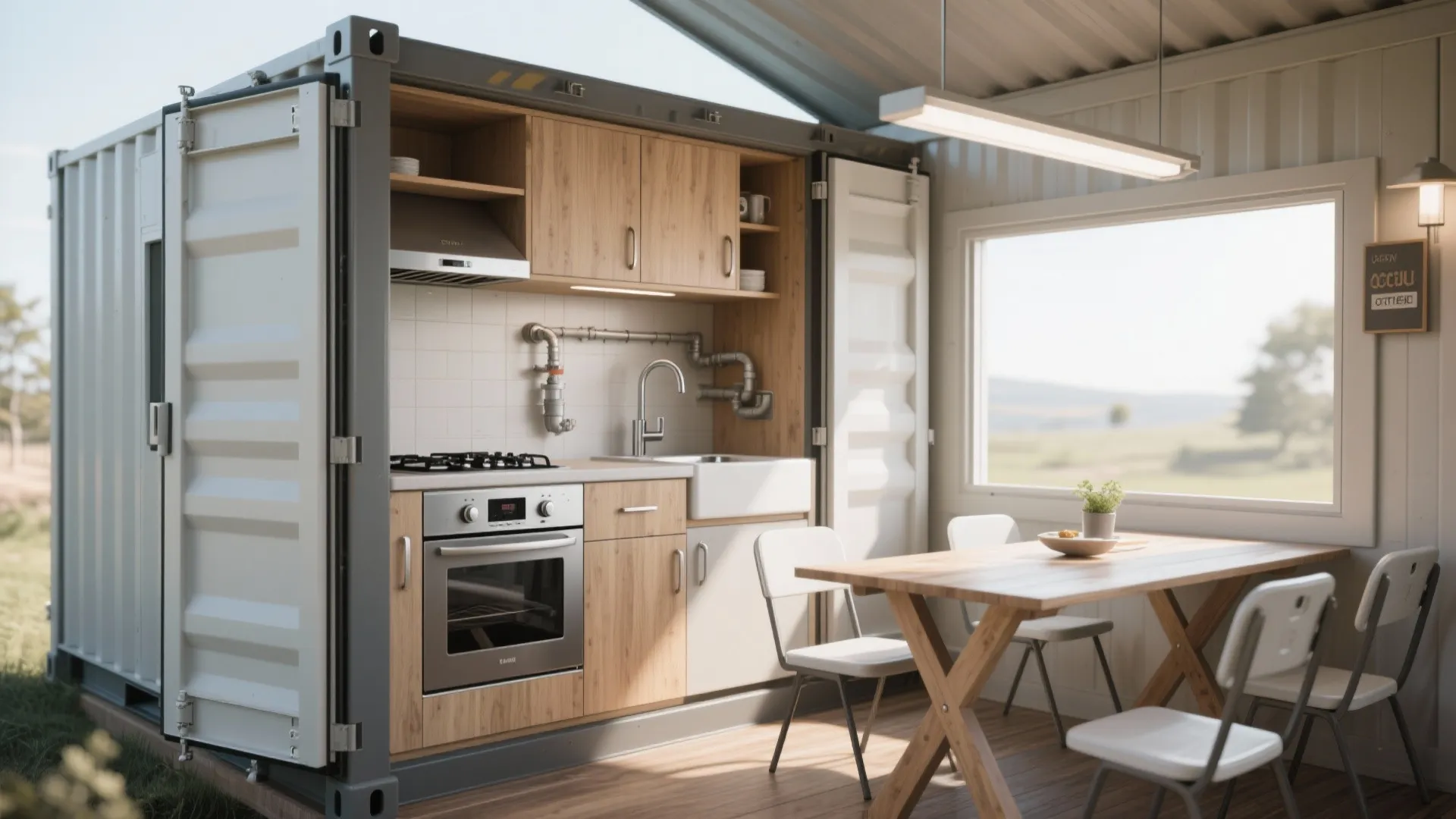 Compact fold-away kitchen cabinet with sink and fold-down dining table in a container home
