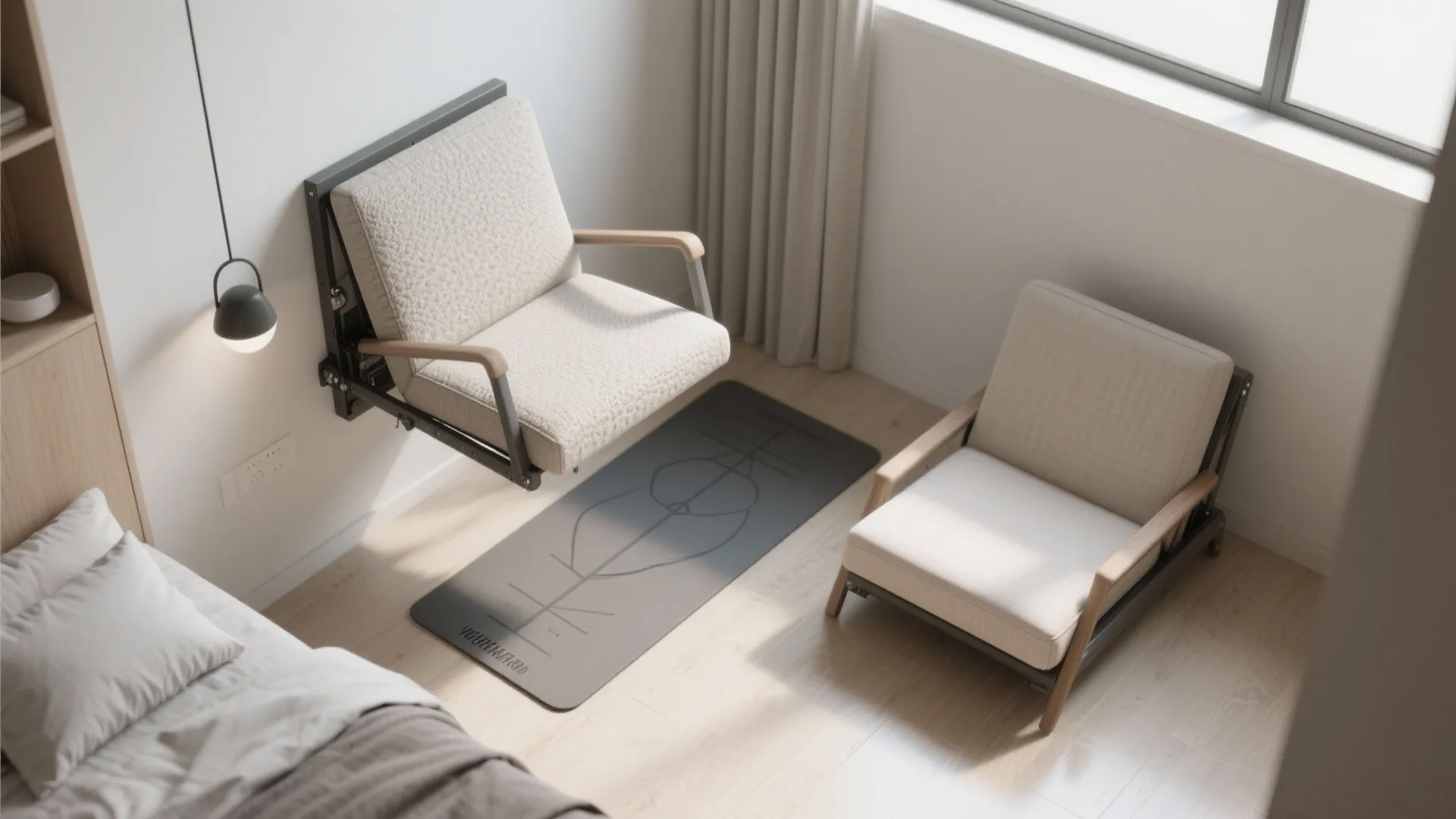 Modern small bedroom featuring wall mounted folding chairs and floor mat for space saving design