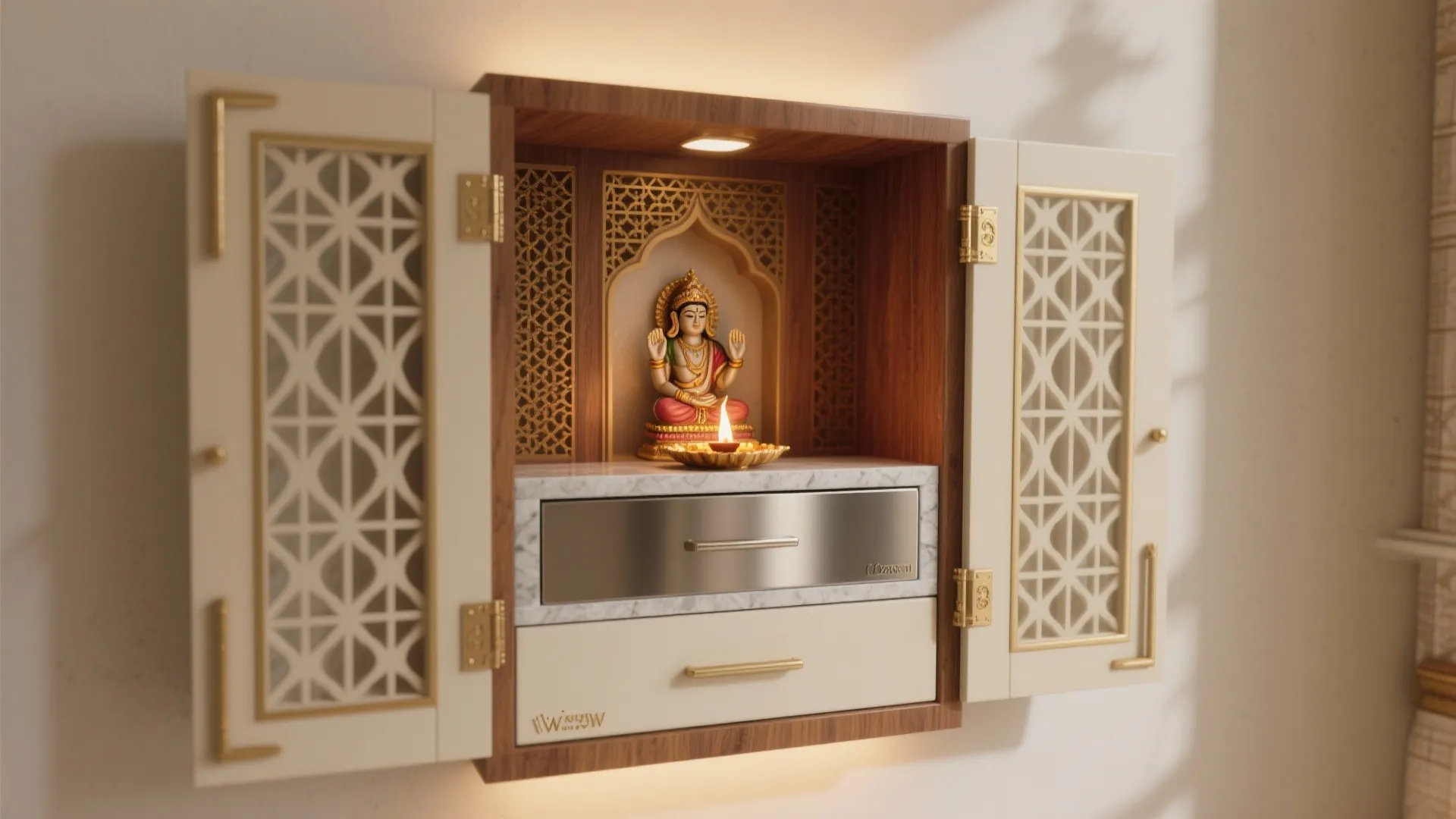 Wall mounted small wooden cabinet for prayer with open doors, gold details, and light fixture