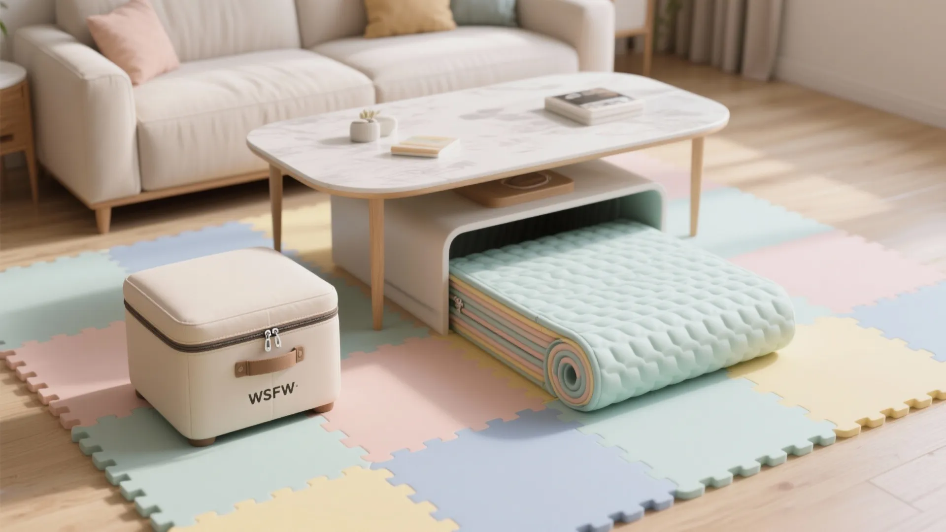 Living room with colorful floor mats a marble coffee table and a folded green mattress