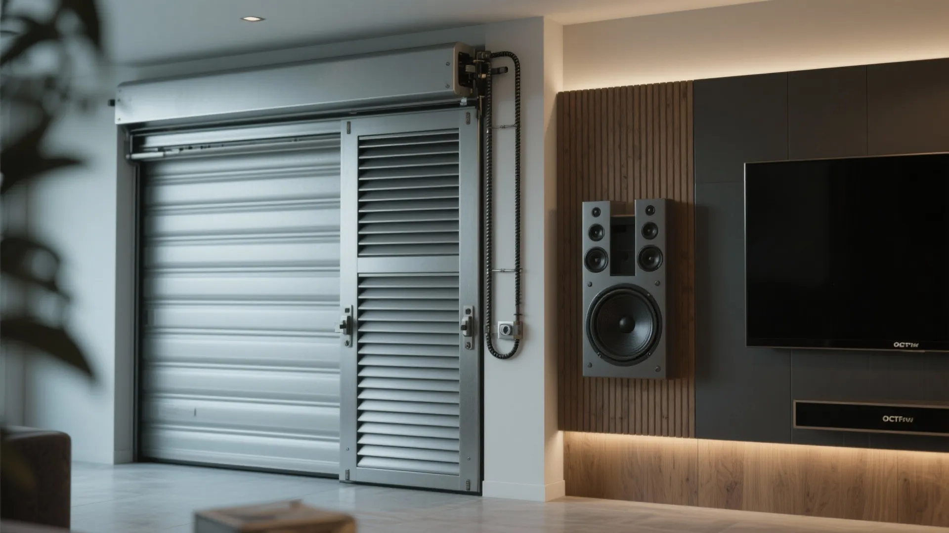 Silver metal rolling shutter door next to wall panel with large speaker and black television