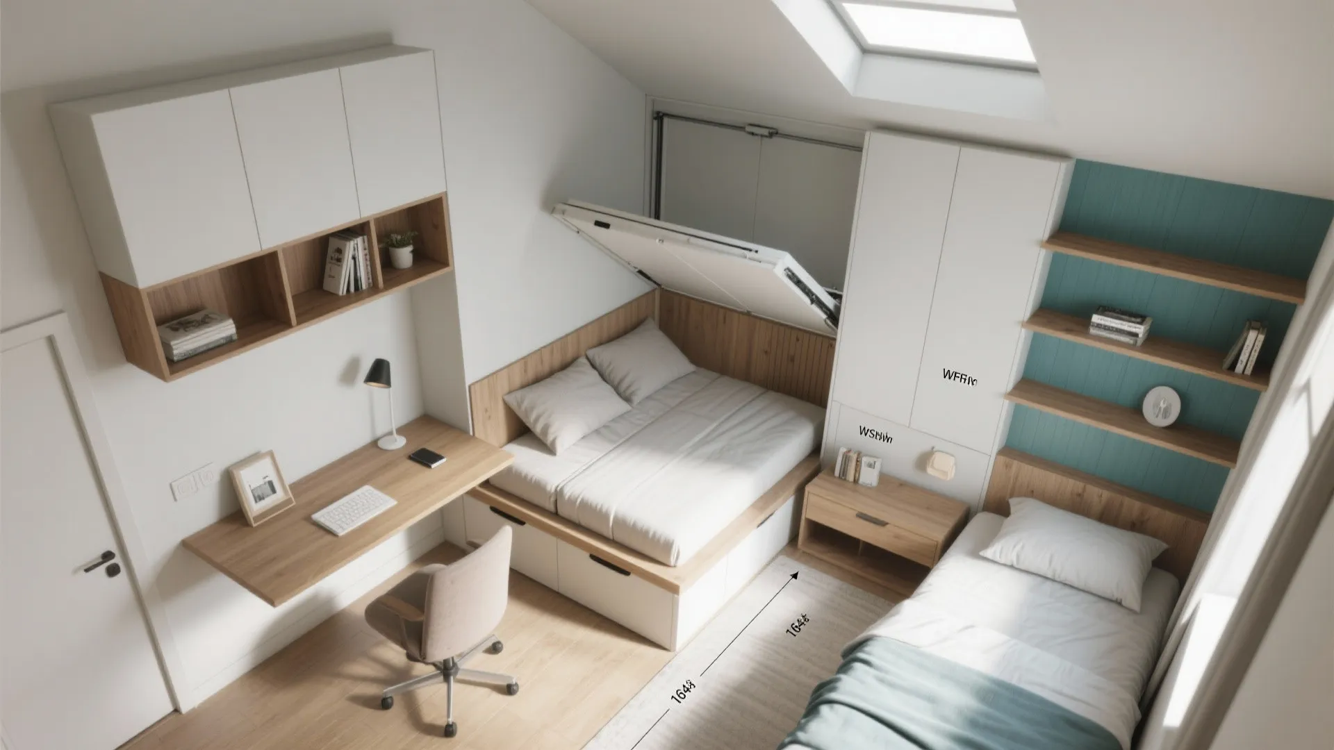 Top-down layout view of a small bedroom with a foldaway desk, Murphy-style shelving and adaptable multifunctional furniture zones.