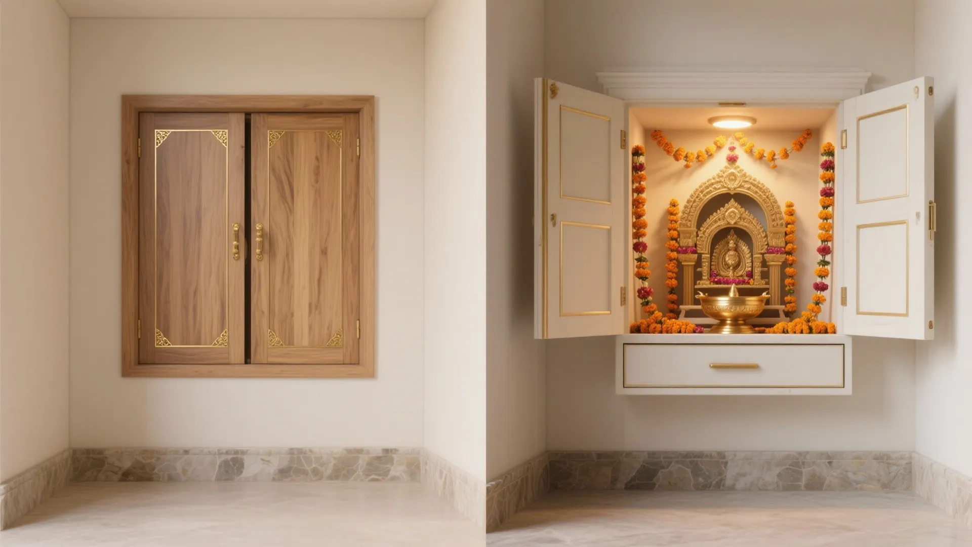 Wall mounted wooden doors closed on left and open revealing a decorated golden prayer niche