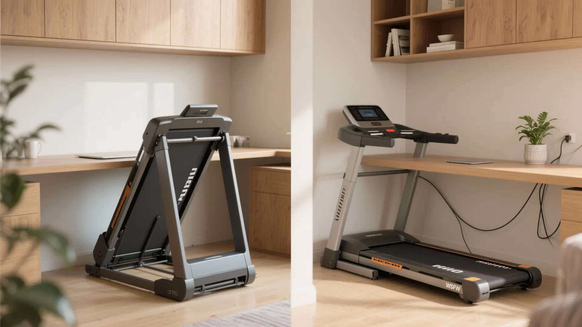 Comparison of a black treadmill folded vertically and unfolded next to a wooden office desk