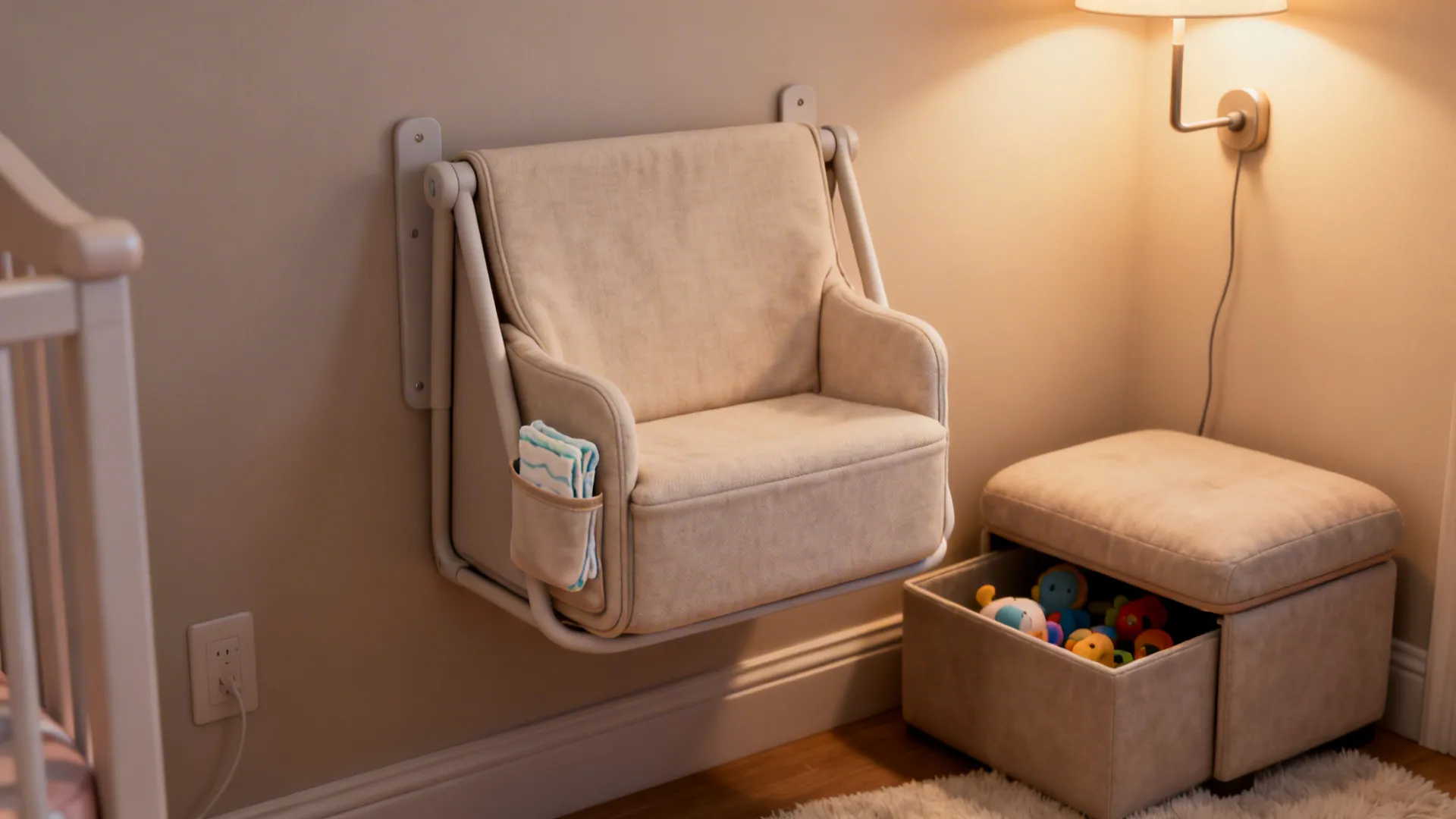 Fold-down nursing seat with side pocket and multifunction storage ottoman in a small nursery