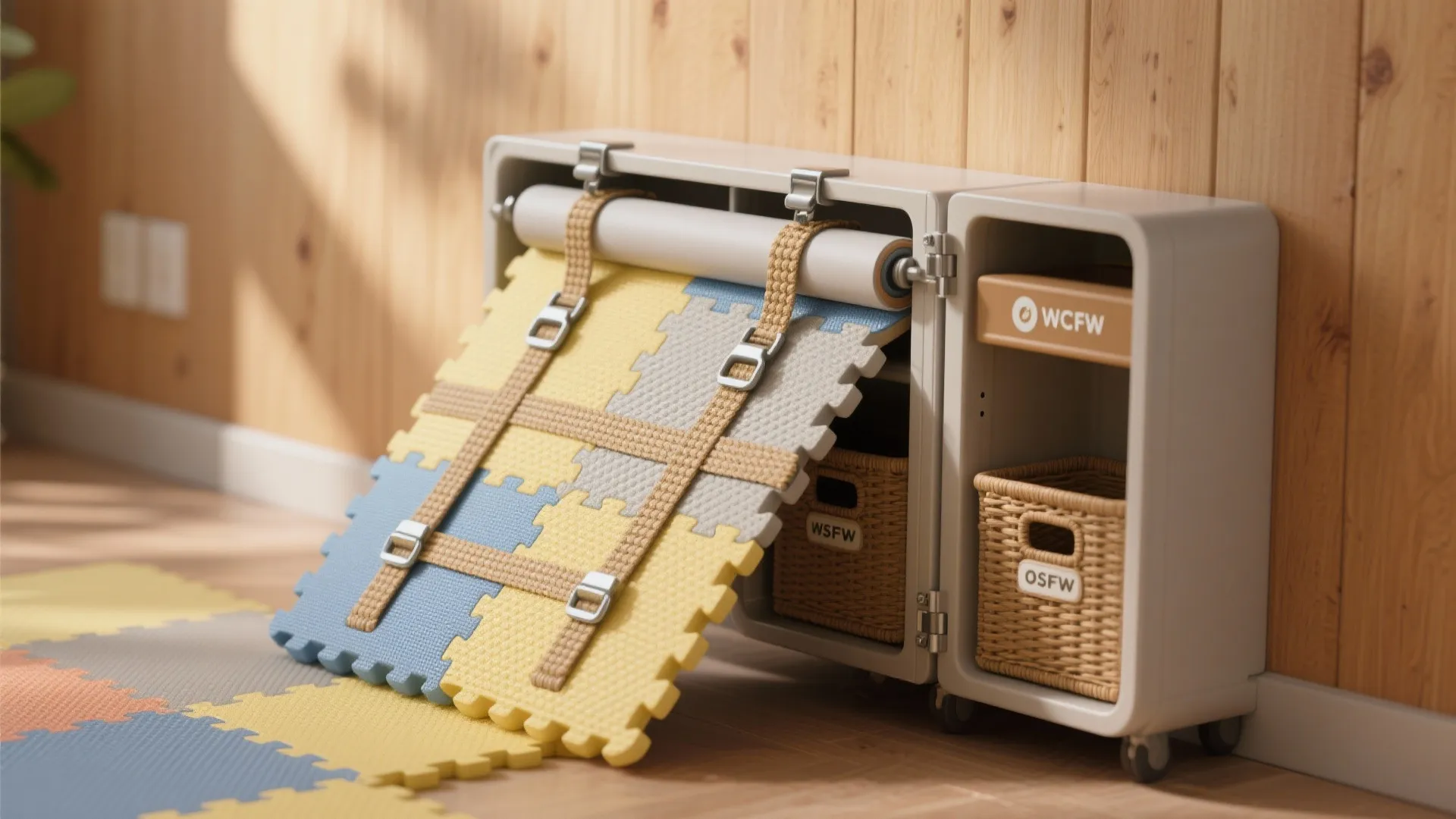Compact storage cabinet for foam play mats with woven baskets inside a bright wooden room