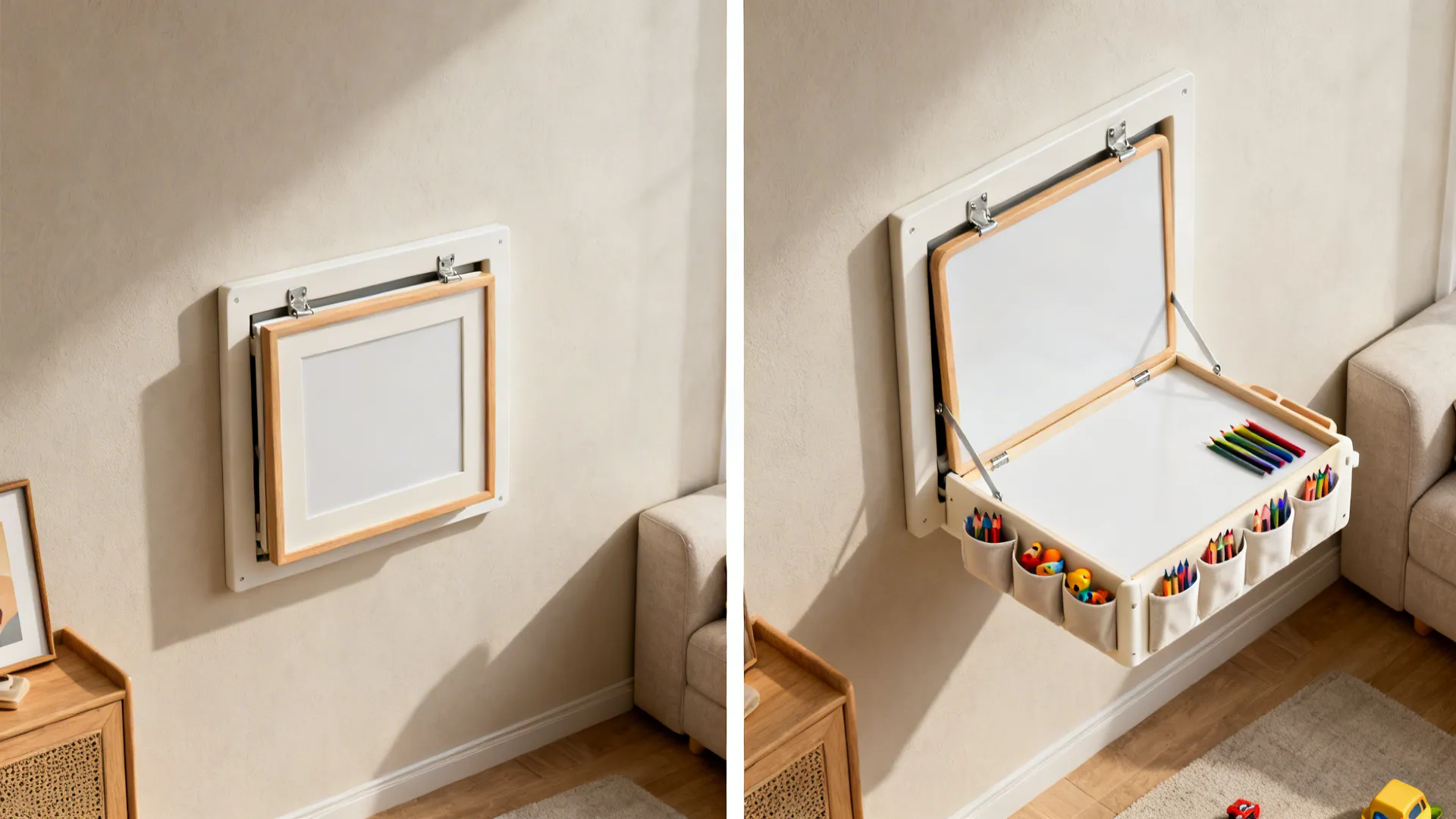 Wall-mounted foldaway play station shown closed as art and open with pockets for crayons and toys.