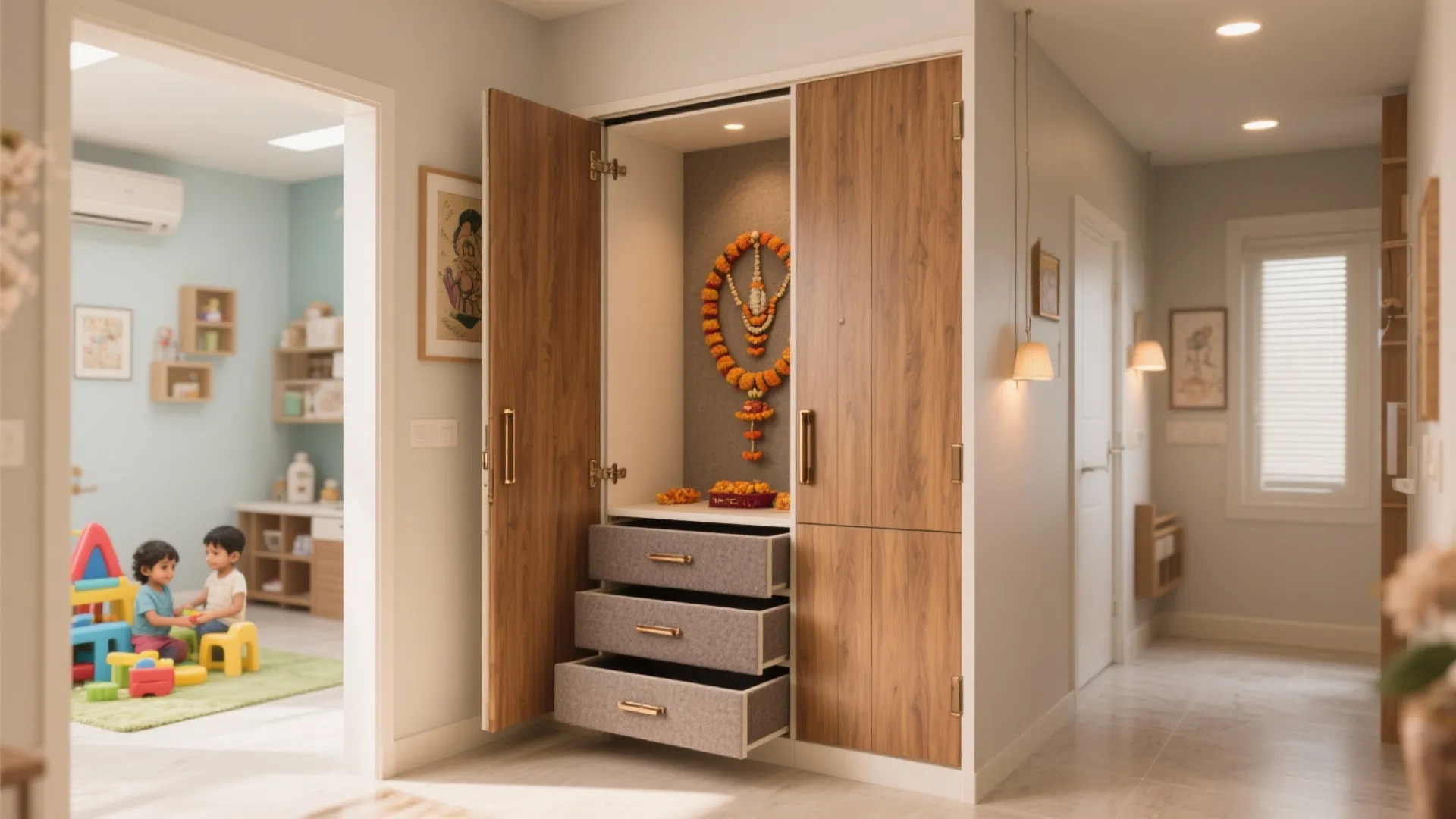 Built in wood cabinet with open doors and drawers used as a small prayer space area