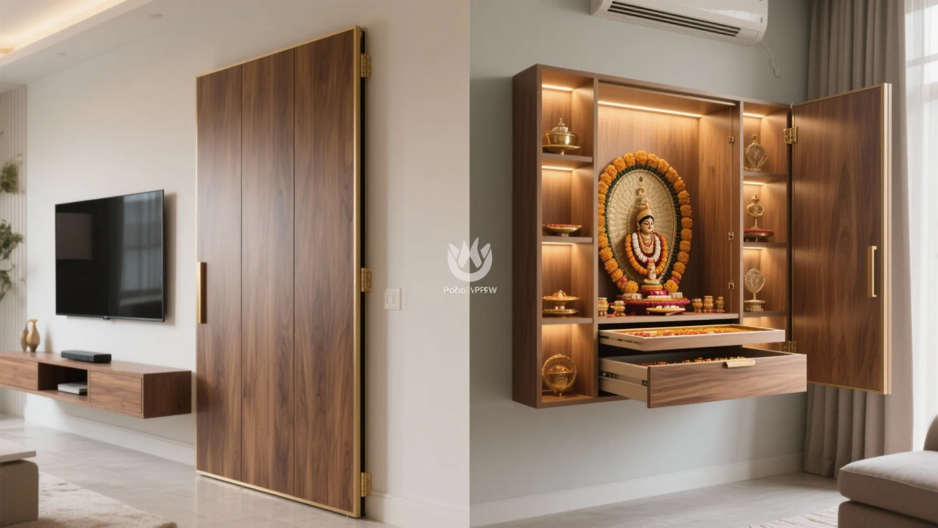 Before and after comparison of a wall mounted wooden cabinet for a home prayer room