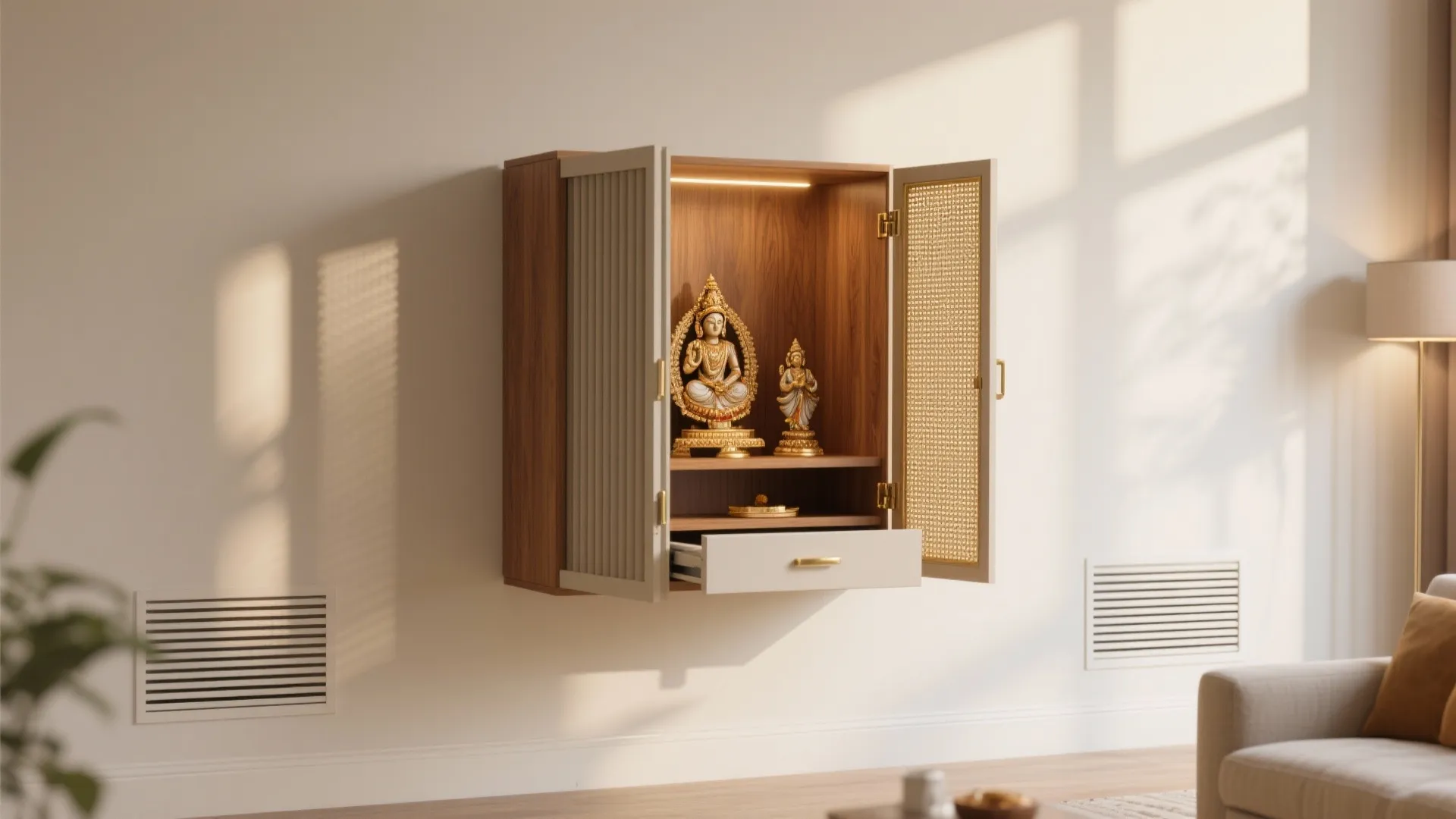 3) Fold-Away Pooja Cabinet with Bi-Fold or Tambour Doors
