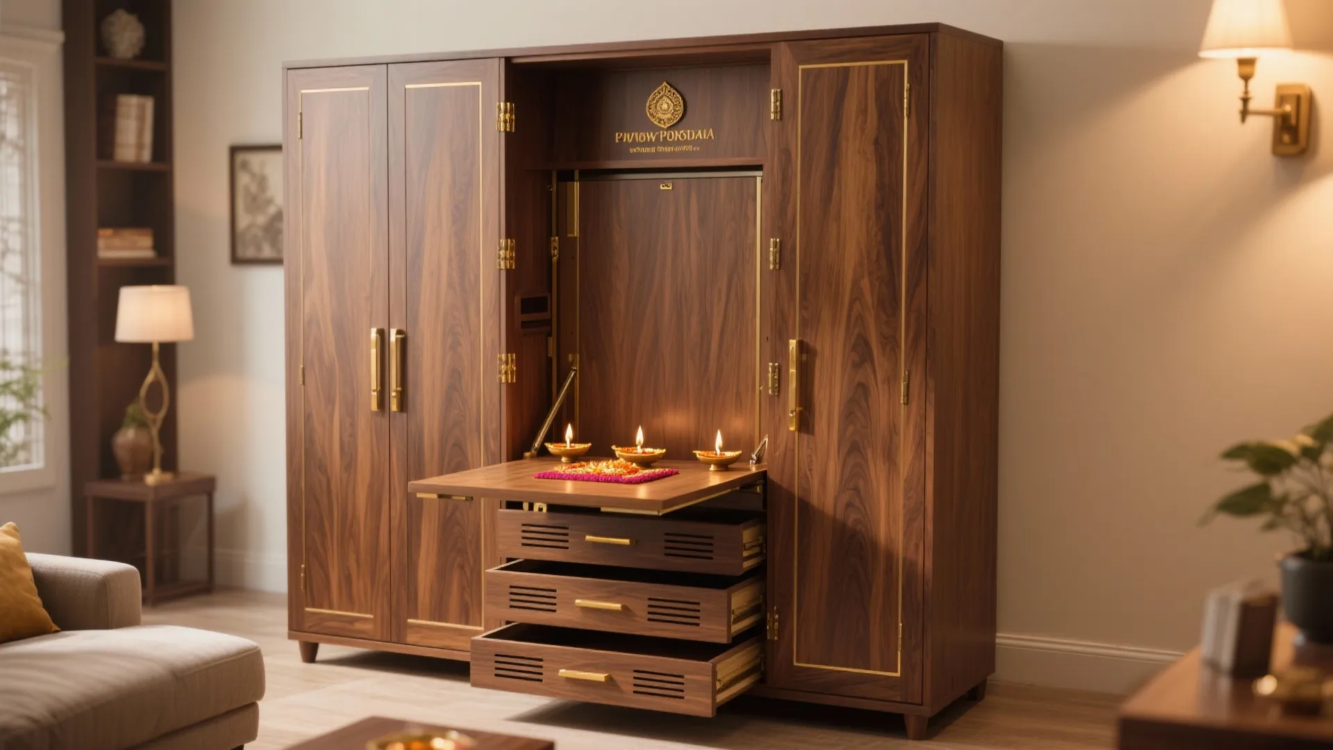 Large wooden cabinet with fold out shelf and drawers for a small home prayer area