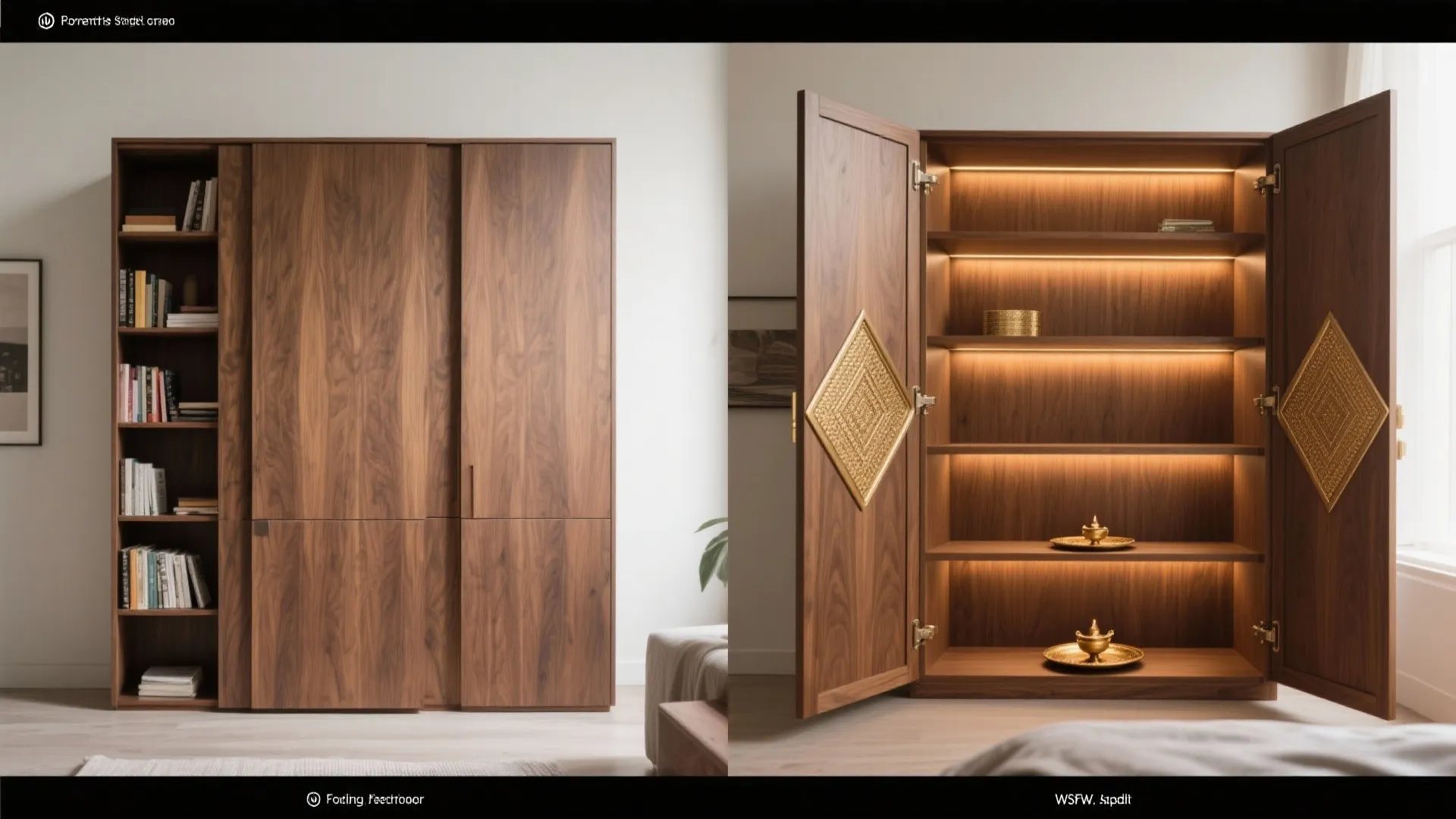 Before and after view of a large wooden cabinet opening to reveal glowing interior shelves