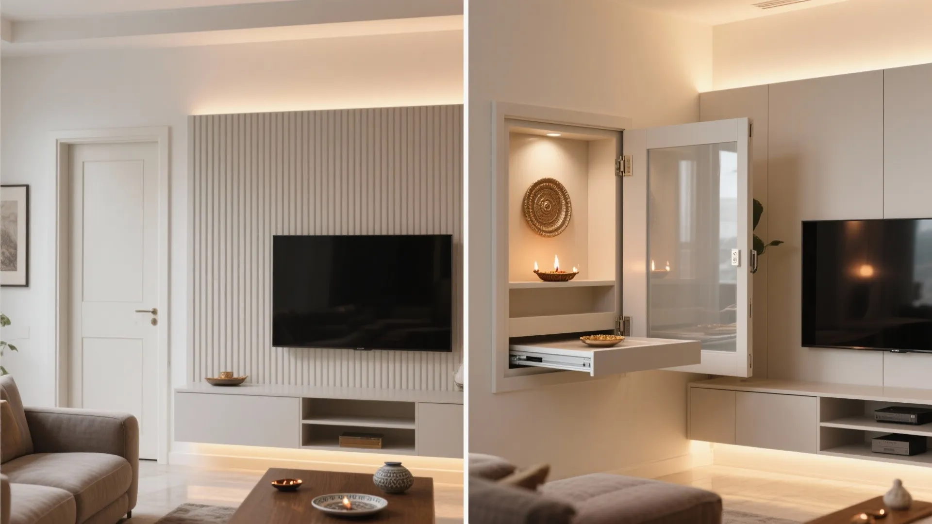 Before-and-after of a media wall with a fold-away pooja niche hidden behind a fluted door.