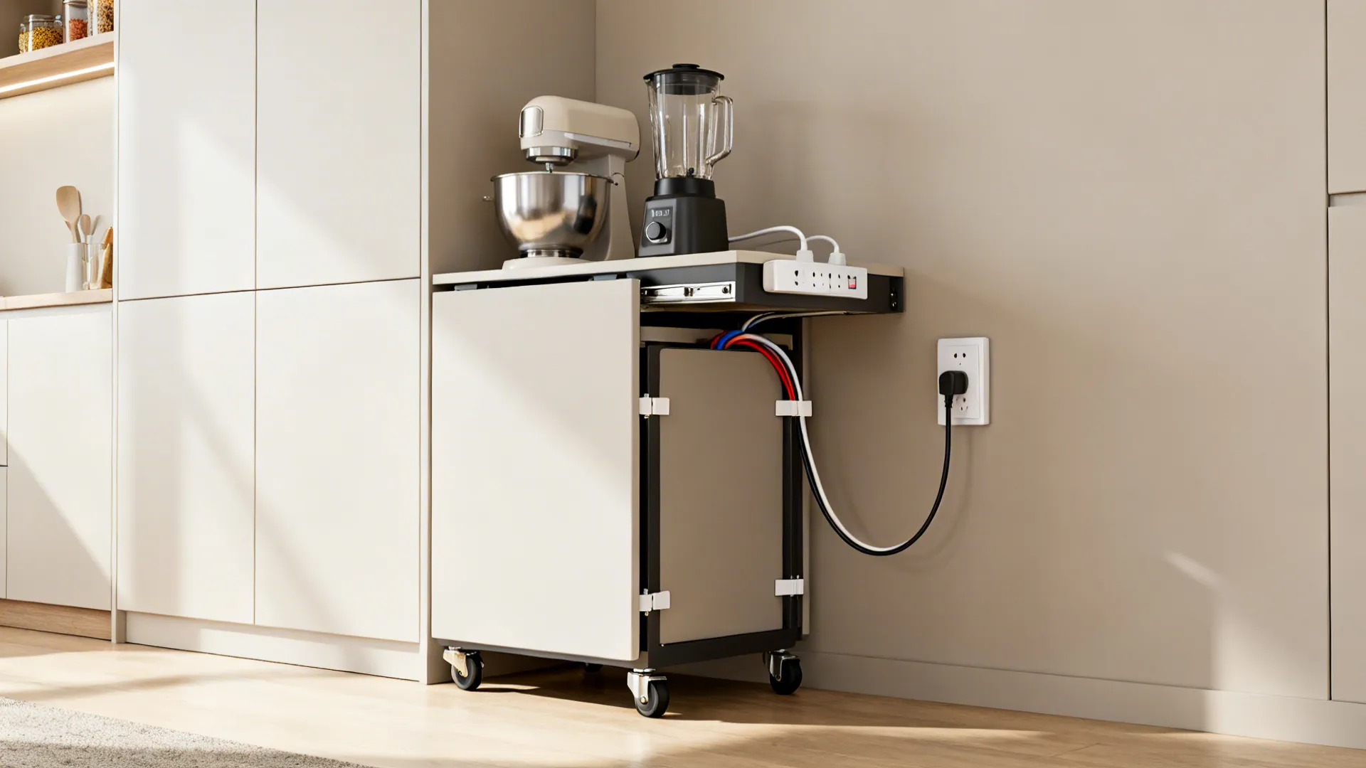 White rolling kitchen cart holding a mixer and blender while plugged into a wall outlet