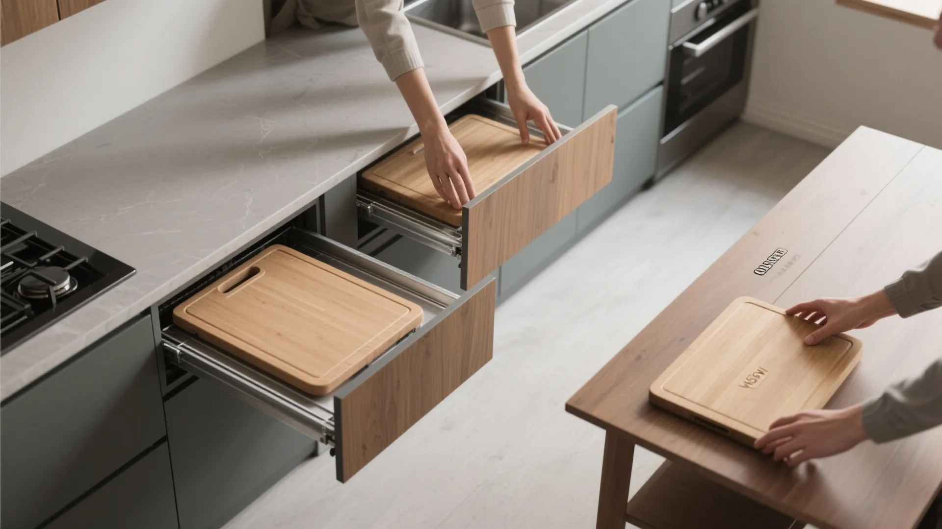 Hands opening wooden kitchen drawers to store cutting boards next to a matching dining table