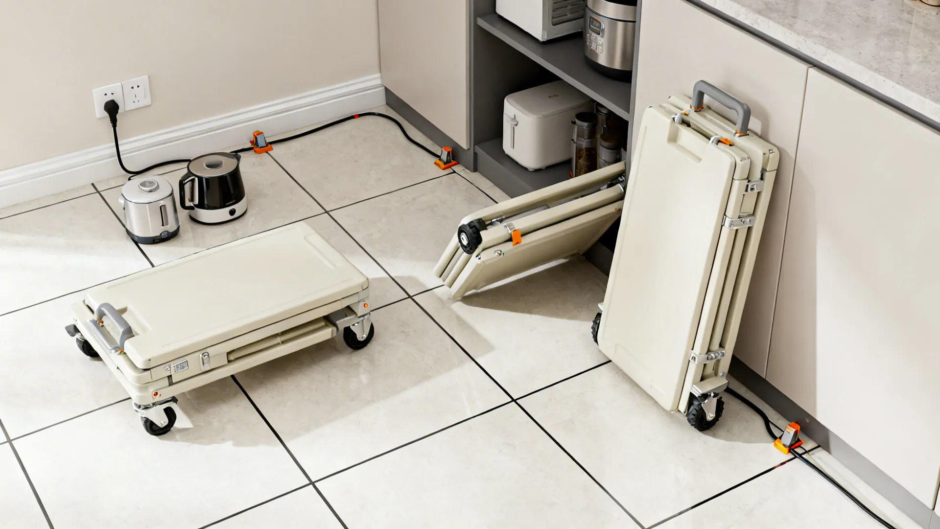 Foldable beige kitchen tables in different states of being stored away under a low counter