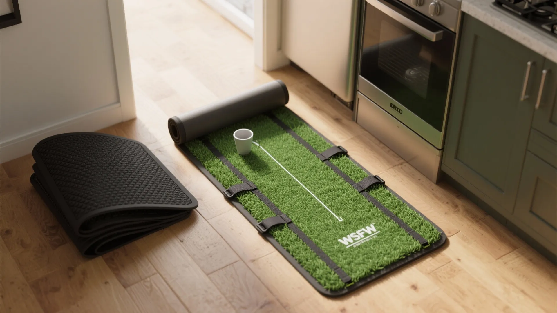 Small green indoor golf mat on wooden floor in kitchen next to dark green cabinet
