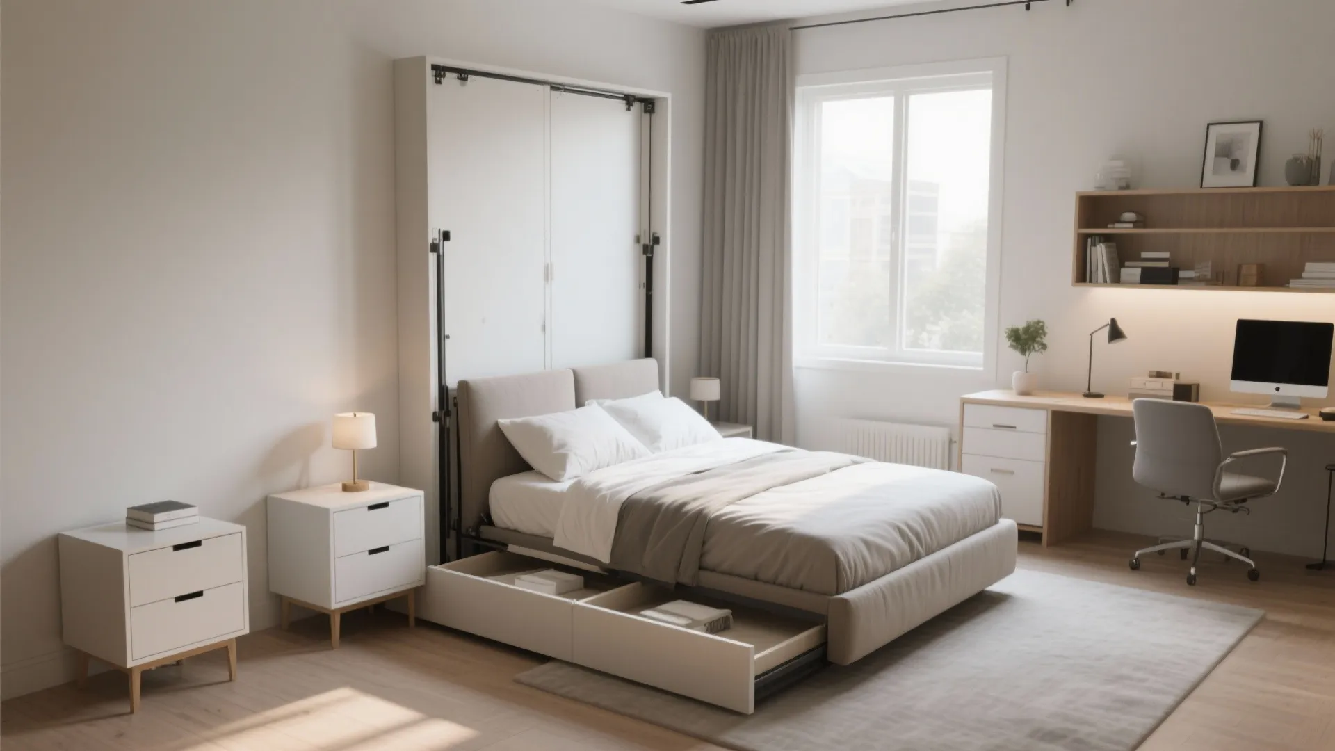 5. Convertible/foldaway queen bed, nesting nightstands, slim chest