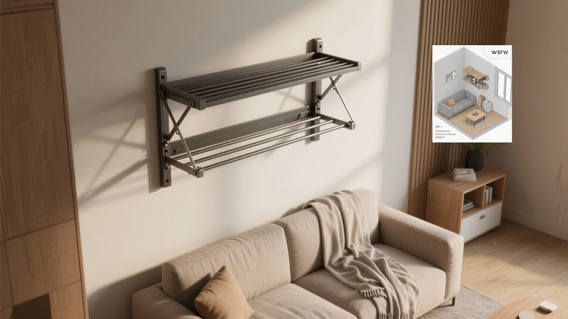 Modern living room with beige sofa and wall mounted folding drying rack for hanging laundry