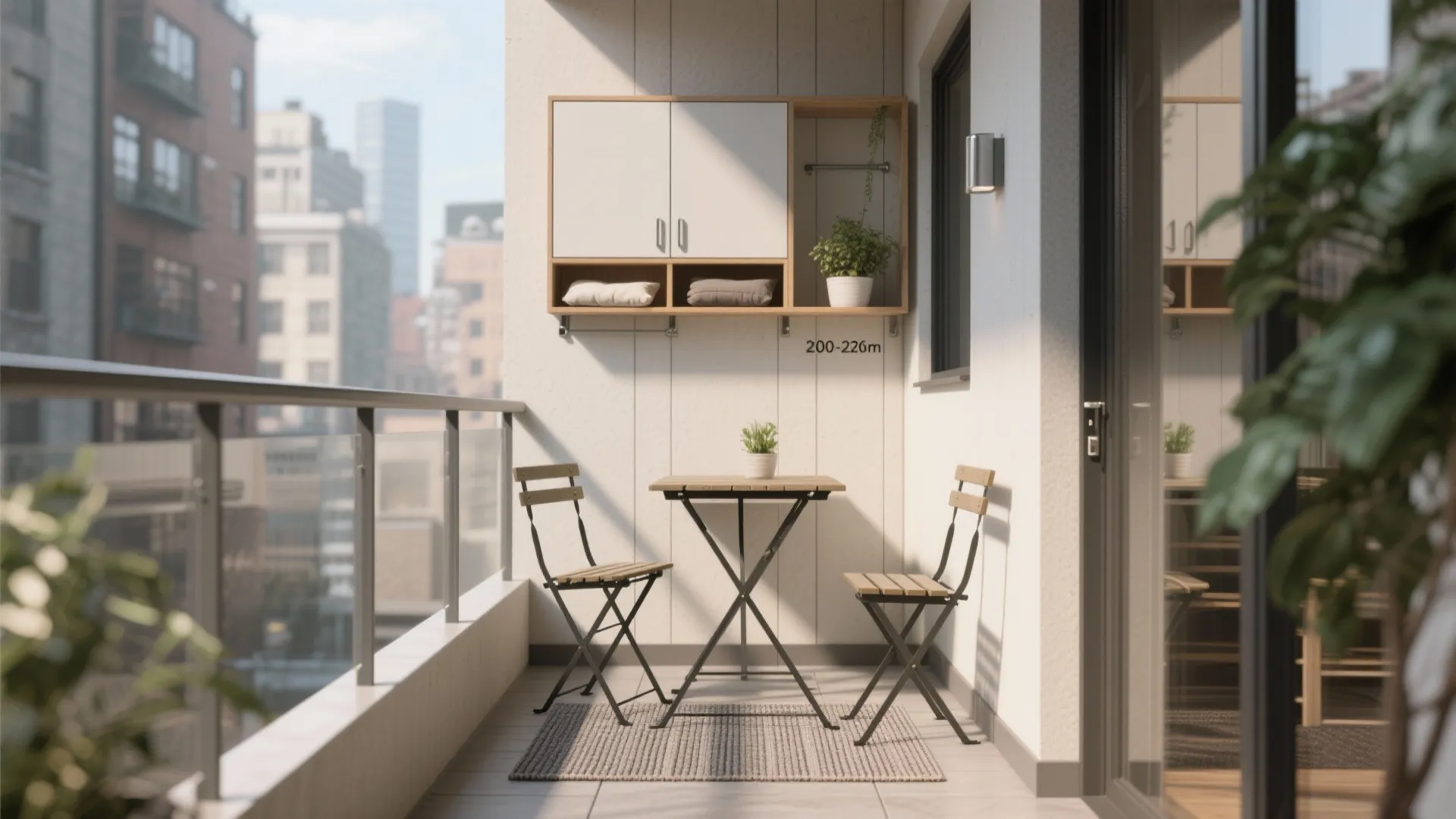 Minimal balcony storage and foldaway seating