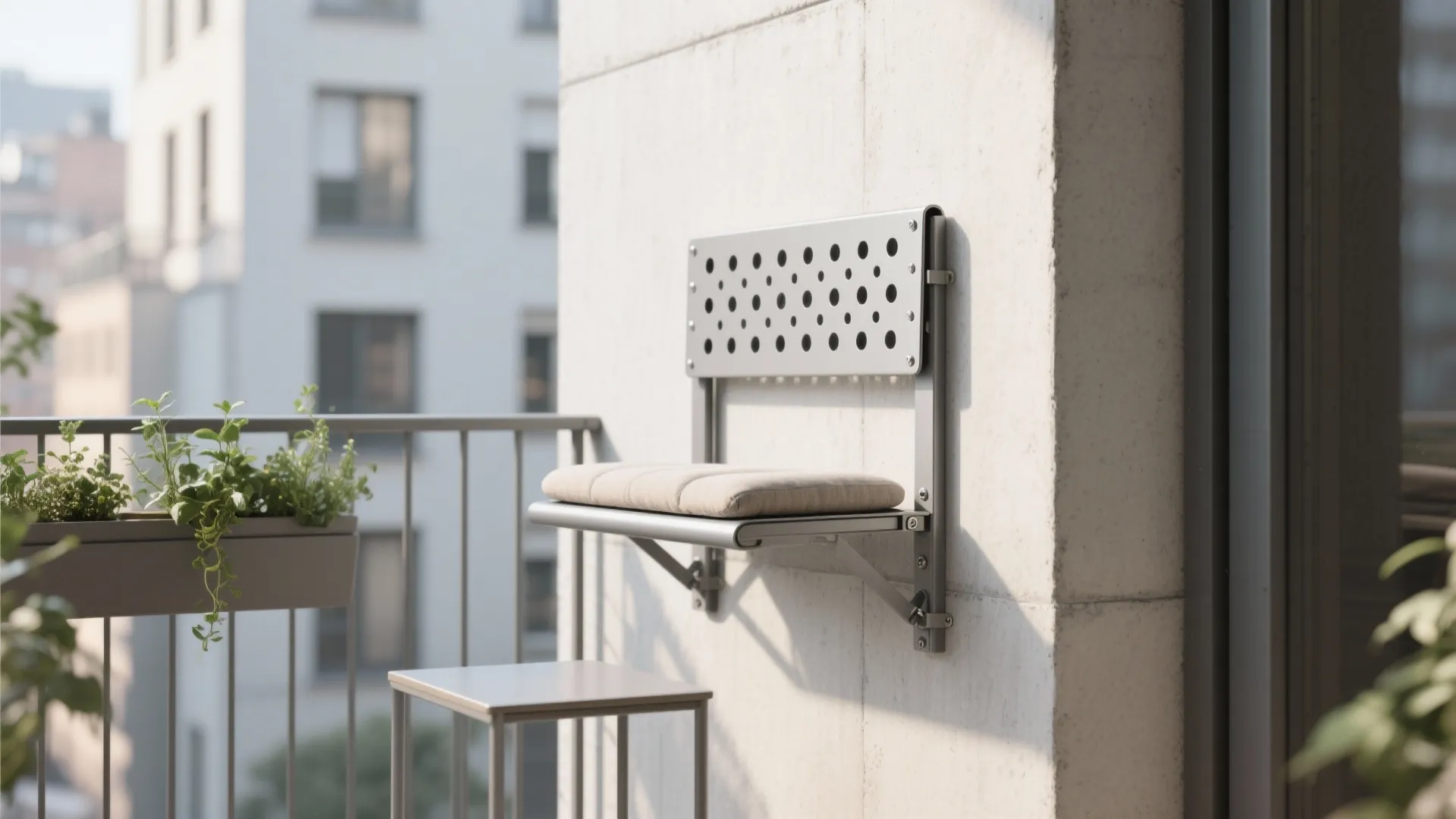 Minimalist foldaway seating for micro balconies