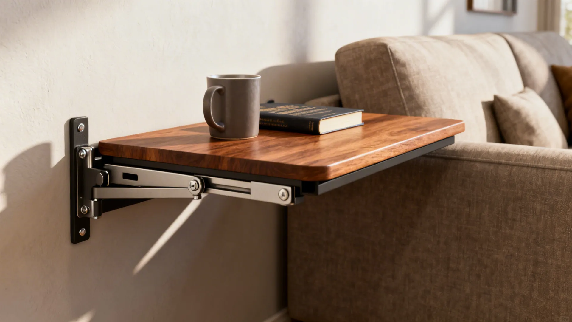 Wall-mounted foldaway shelf extended next to sofa, showing hinges and anchors with a mug and book on top.