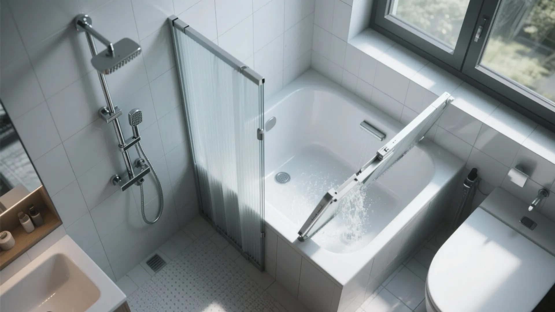 Small white bathroom with shower over bathtub glass screen toilet sink and window with natural light