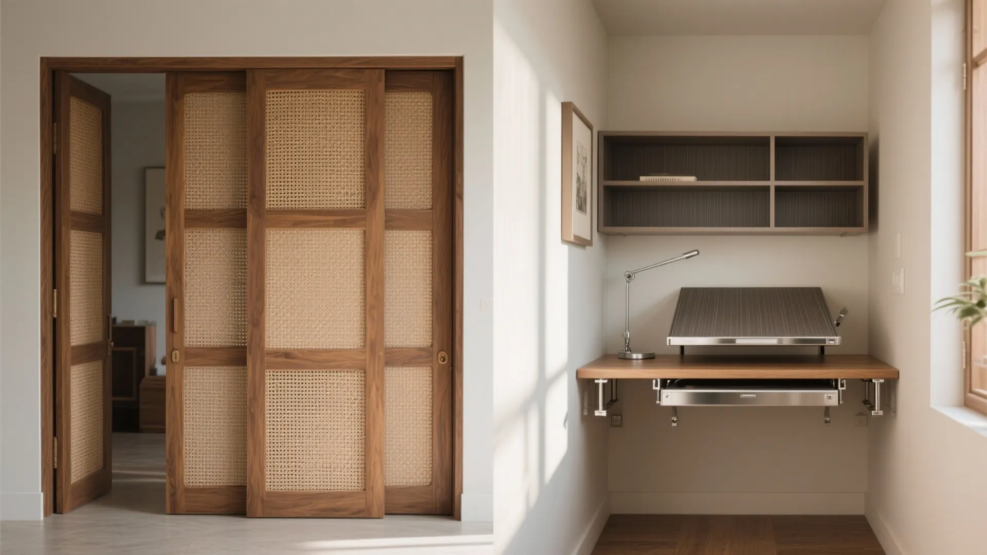 Interior design drawing showing wooden sliding doors next to a wall mounted small home office