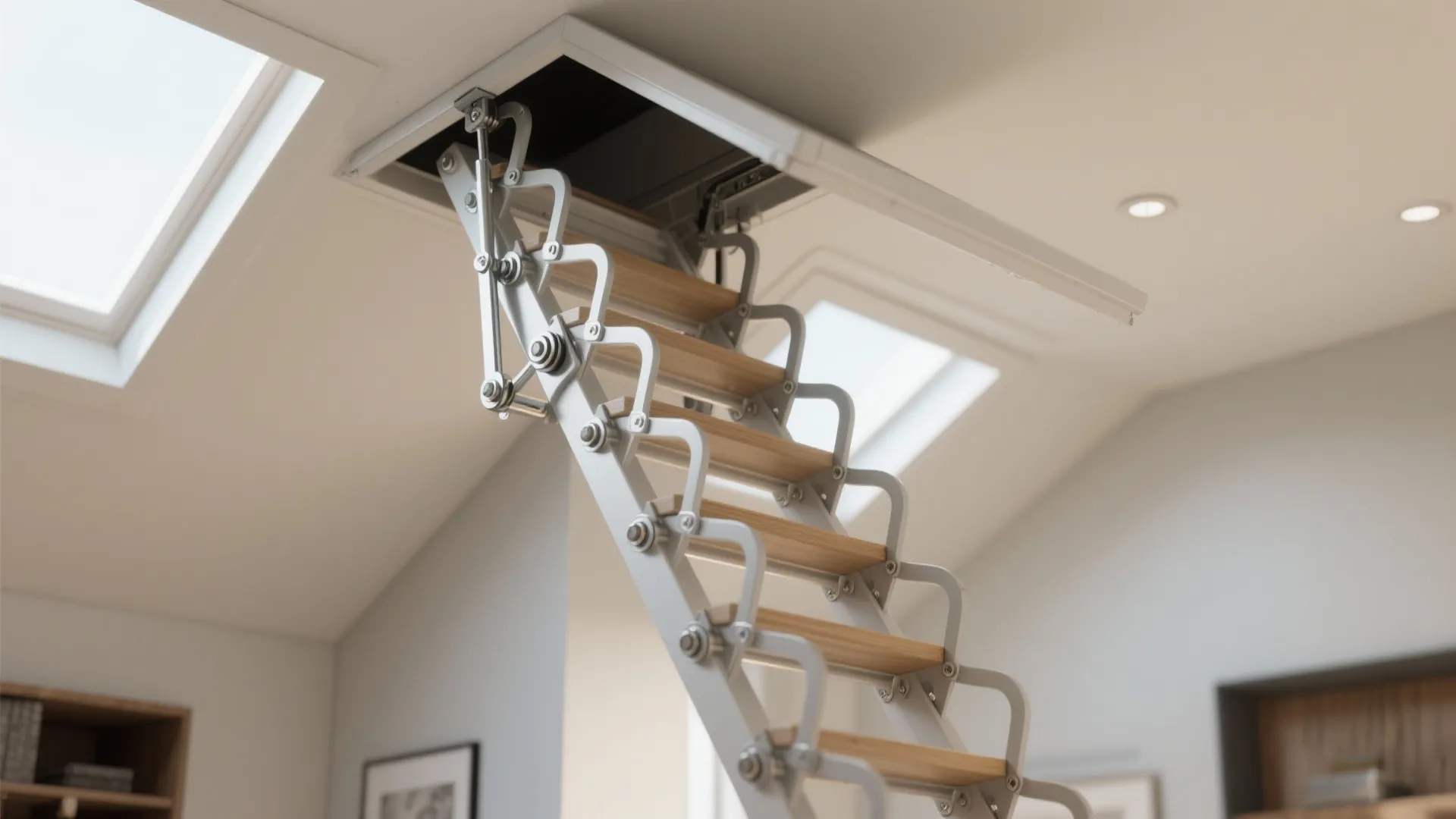 Metal folding attic ladder opening from a ceiling hatch in a room with roof windows