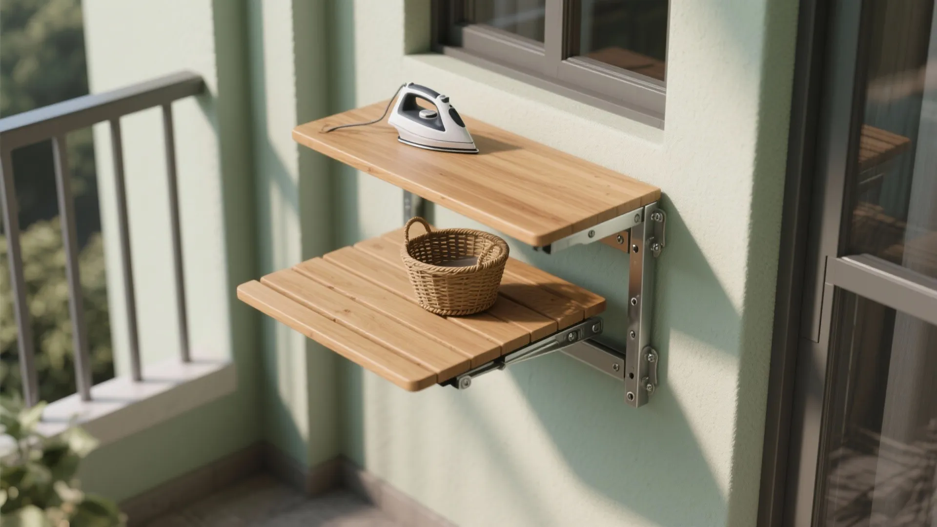Wall mounted folding wooden shelves on a balcony holding an iron and a small basket