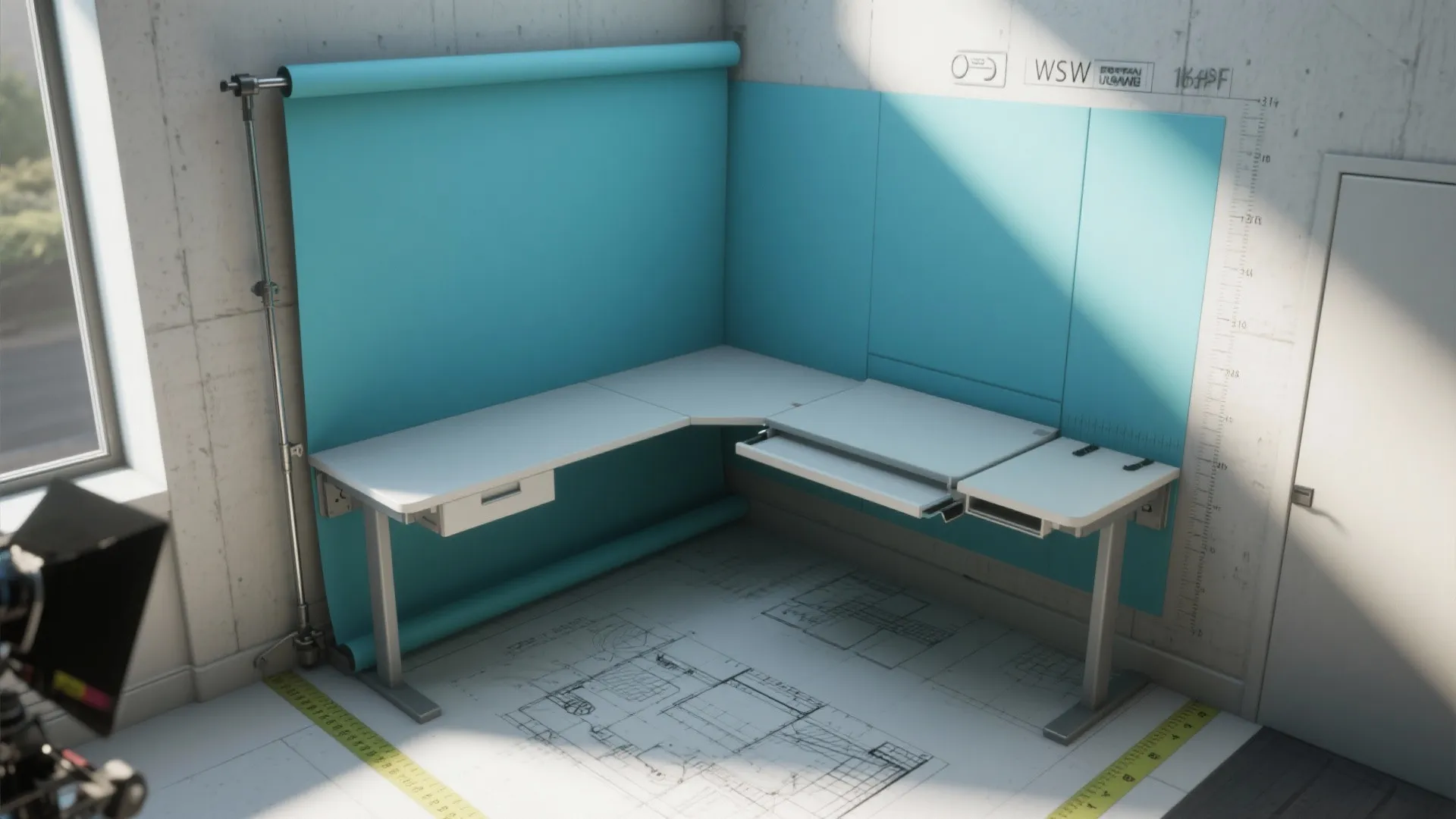 Corner office desk with blue background and floor plan layout on the white floor surface
