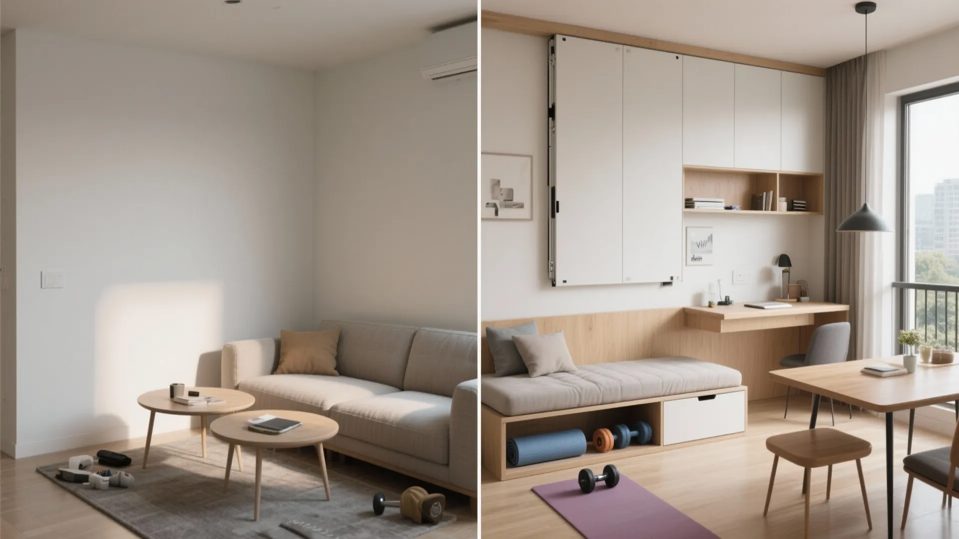 Before and after comparison of a living room transformed into a home office with equipment