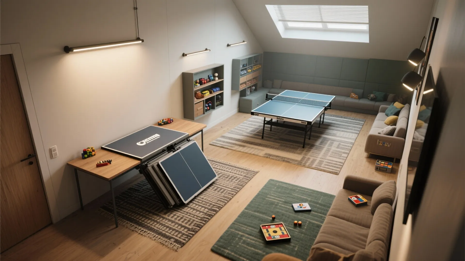 Top-down view of foldaway game surfaces and defined zones with rugs and storage in a small rec room.