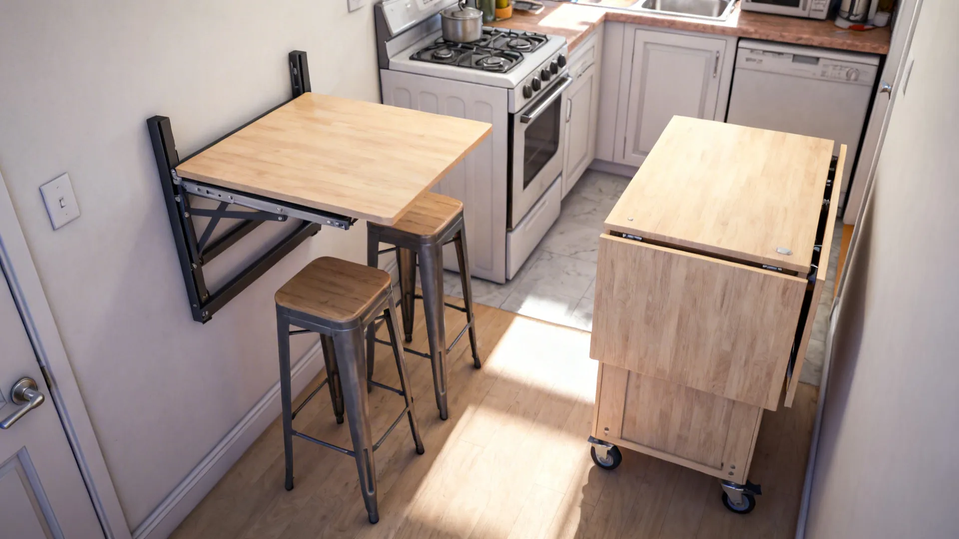 Small kitchen with a wall-mounted foldout table and a wheeled island providing flexible prep and dining space.