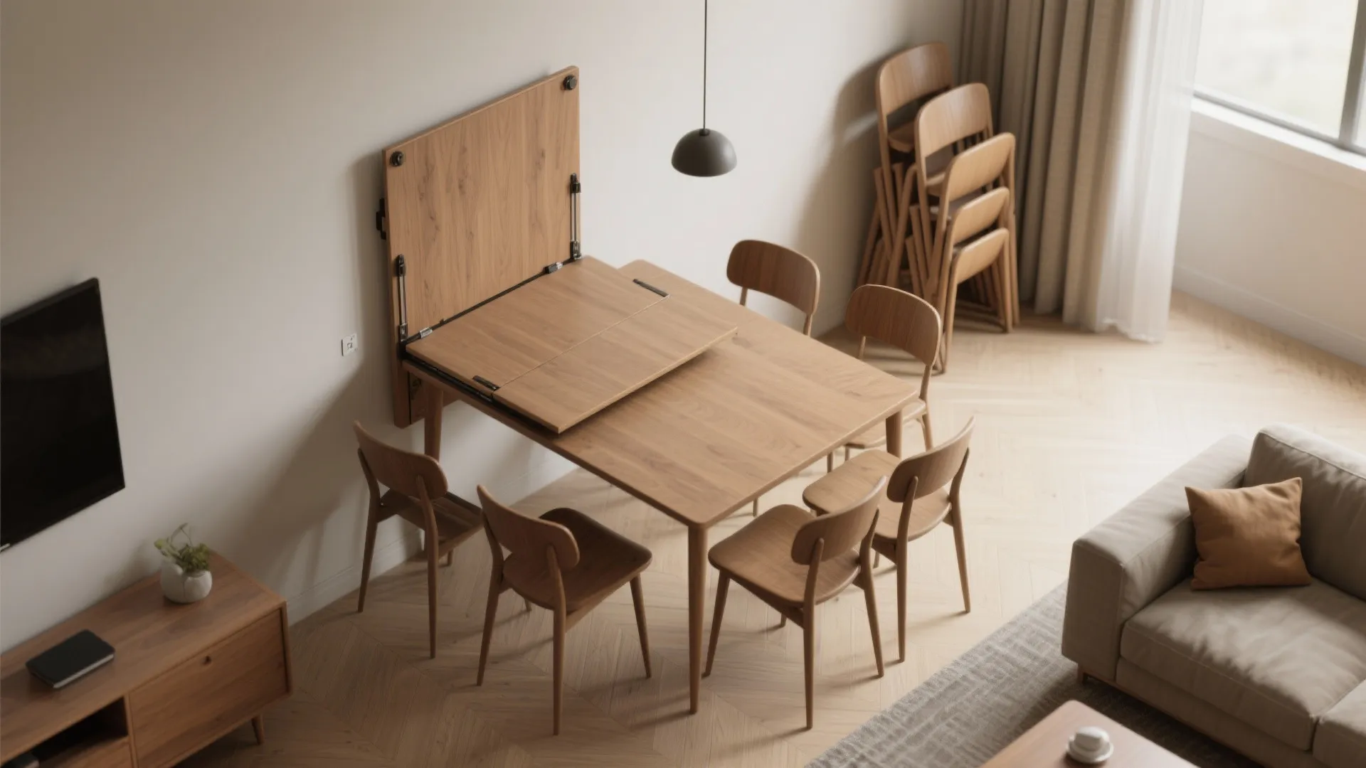 Modern wooden foldaway dining table in living room with chairs and stackable seating for guests