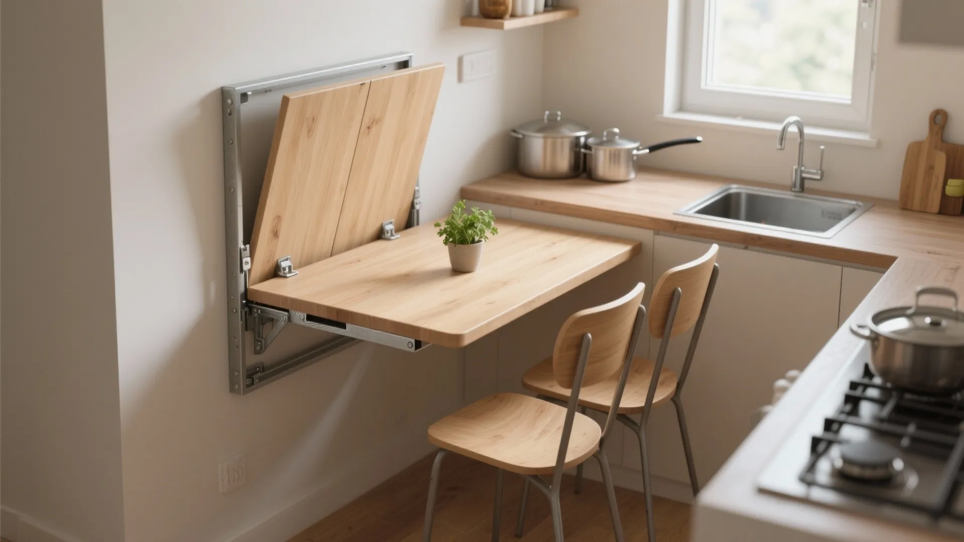 Wall mounted wooden folding table in small kitchen with two chairs and sink in background