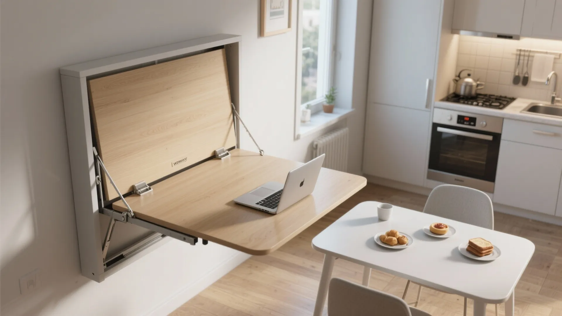 Wall mounted folding desk with laptop next to a white dining table in a kitchen