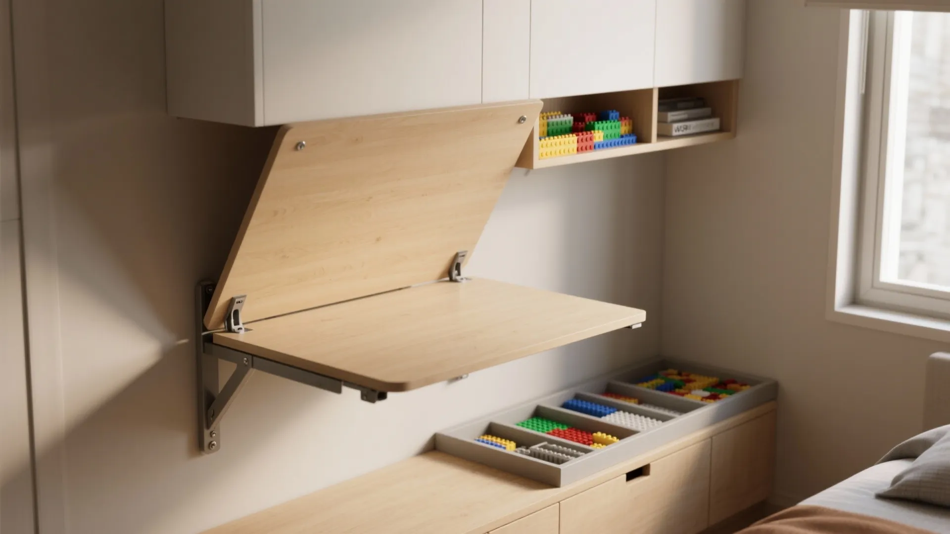 Wall mounted folding wooden table in a kids room with toy storage and white cabinets