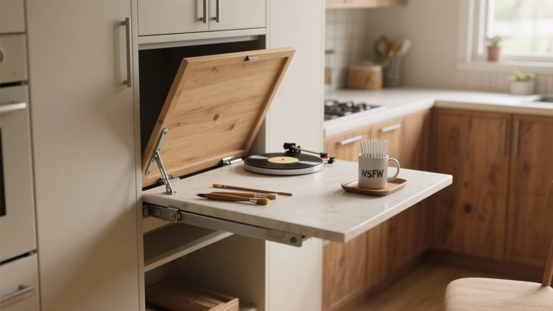 1. A foldaway painting table that lives in a cabinet