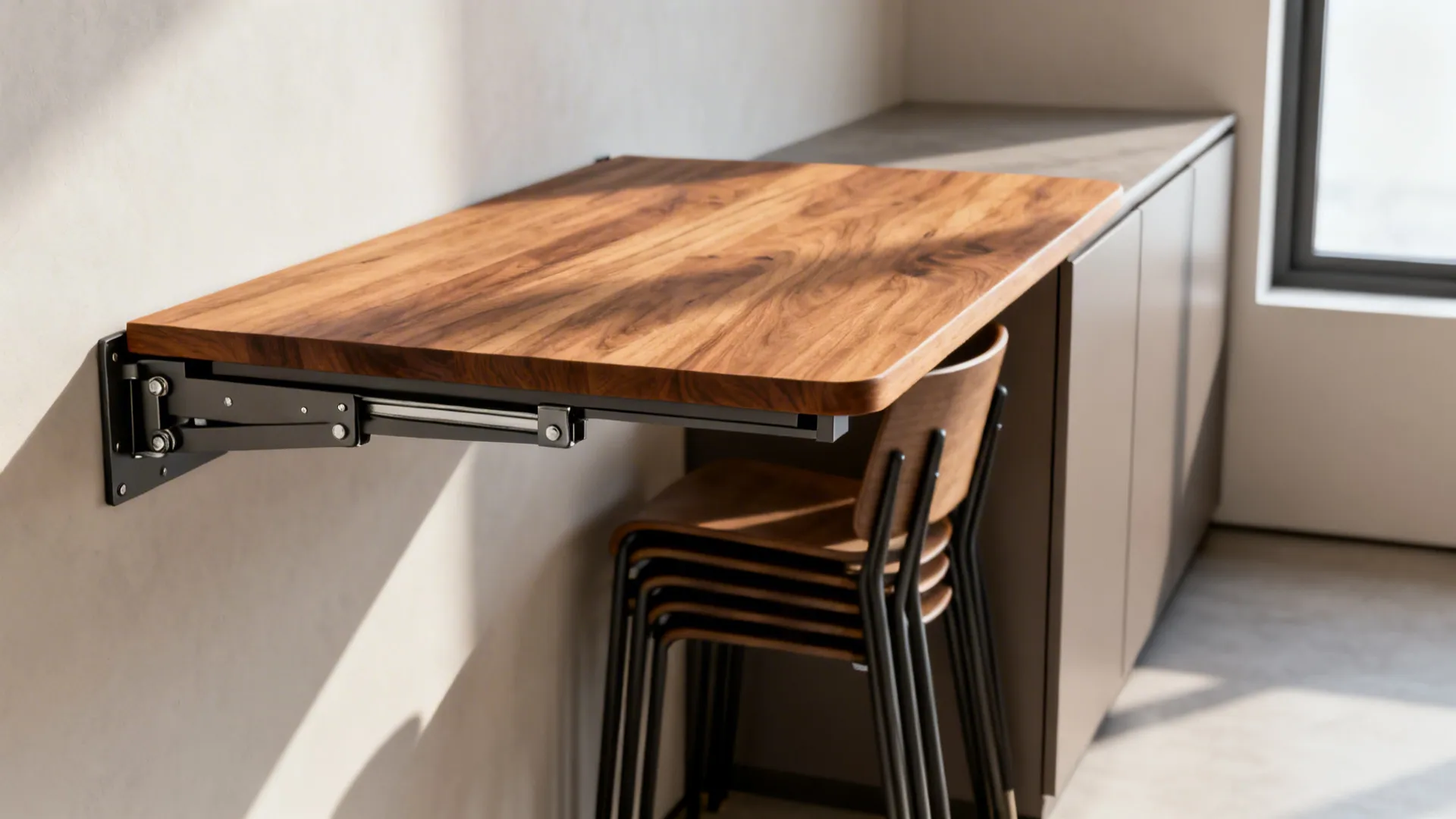 Wall-mounted fold-away table with soft-close hinge and stackable chairs