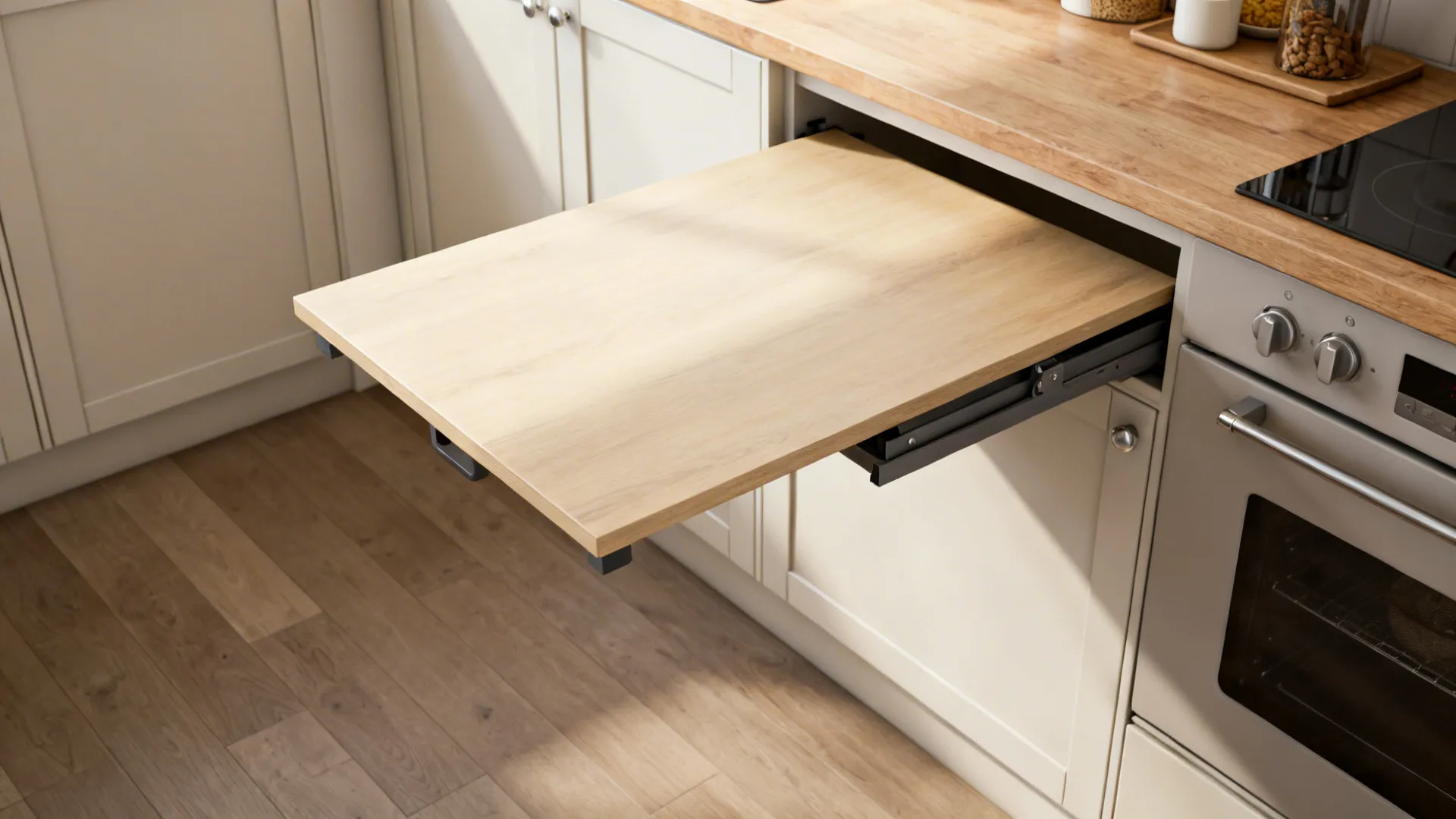 Fold-down prep table deployed as a breakfast counter in a compact kitchen