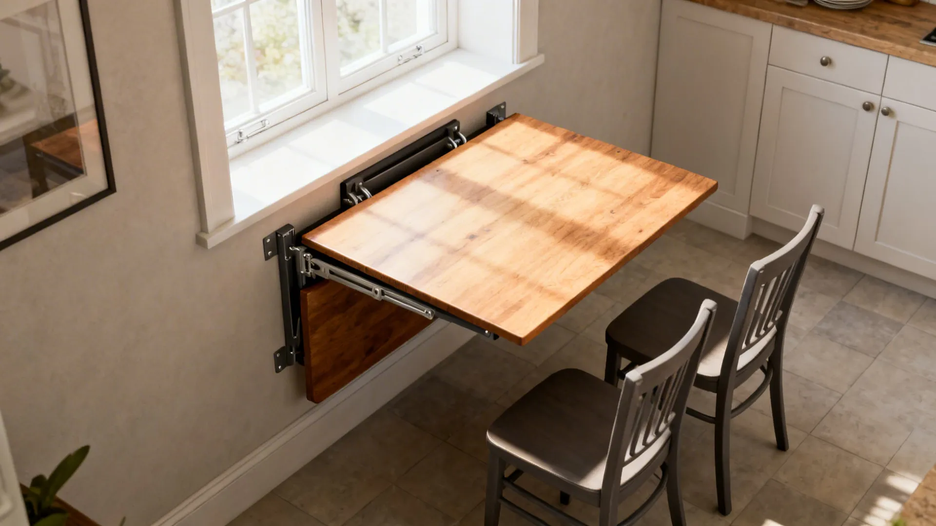 Wall-mounted fold-down dining table in a small kitchen by a sunny window