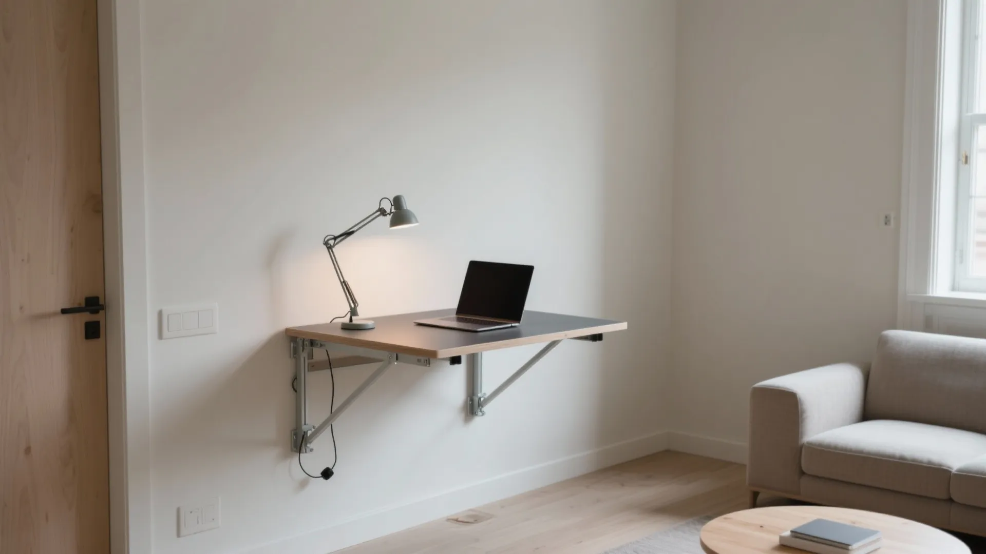 Wall mounted folding desk with grey laptop and desk lamp in a minimalist living room